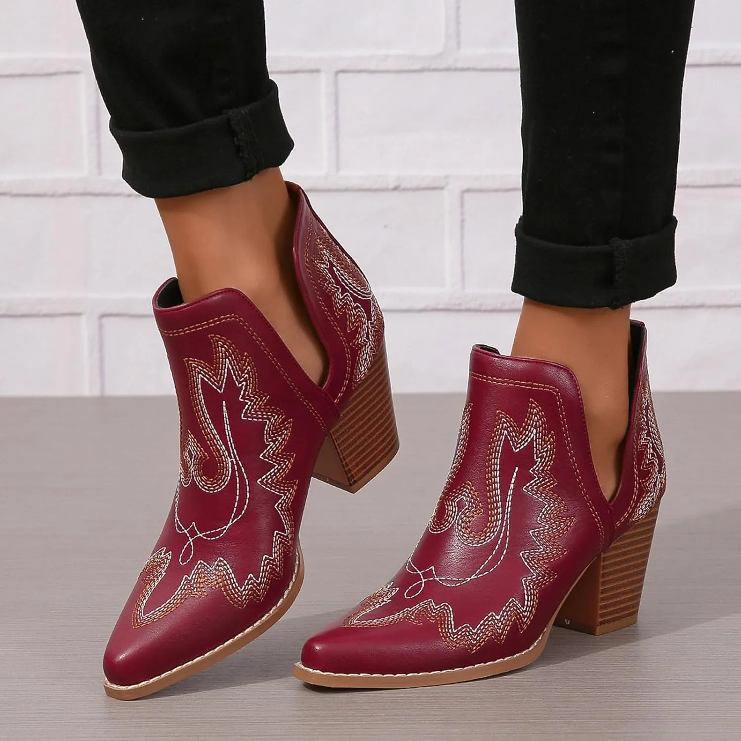 SelRoys Cowboy Boots for Women Cowgirl Ankle Western Embroidered Stitched Pointed Toe Cutout Chunky Heels Short Booties Red Brown Black US5-11