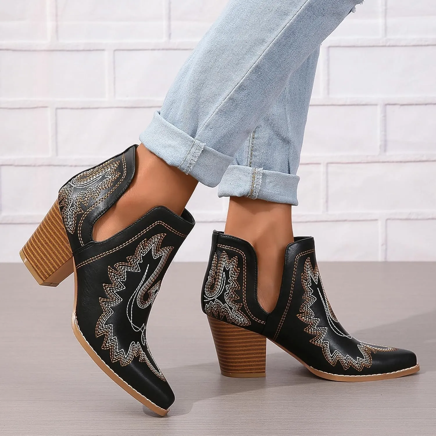 SelRoys Cowboy Boots for Women Cowgirl Ankle Western Embroidered Stitched Pointed Toe Cutout Chunky Heels Short Booties Red Brown Black US5-11