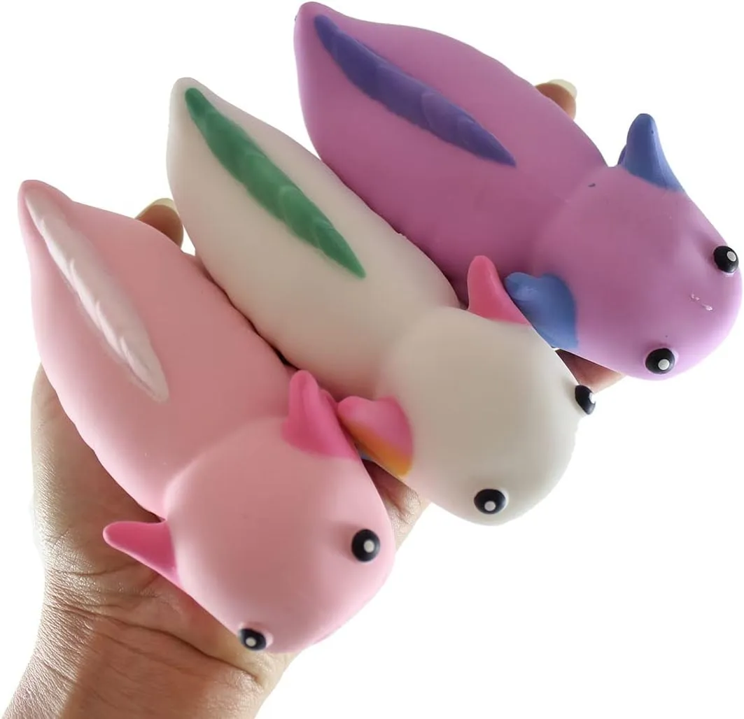 Set of All 3 Color Sand Filled Stretchy Axolotl - Moldable Sensory, Stress, Squeeze Fidget Toy ADHD Special Needs Soothing (Set of All 3 Colors)