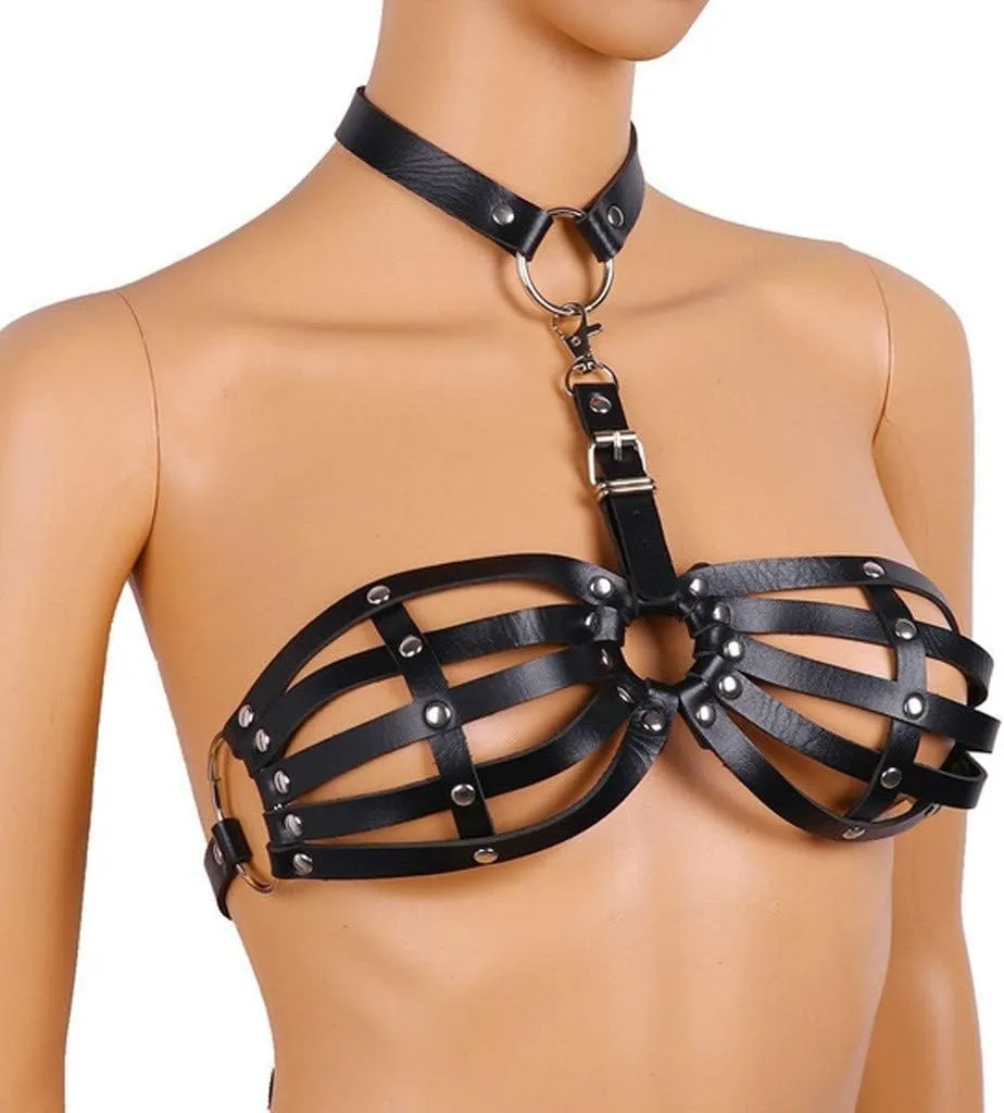 Sexy Women Lingerie Body-Harness Faux Leather Open Bra Full Cage Bondage Hollow Out BDSM Festival Clothing
