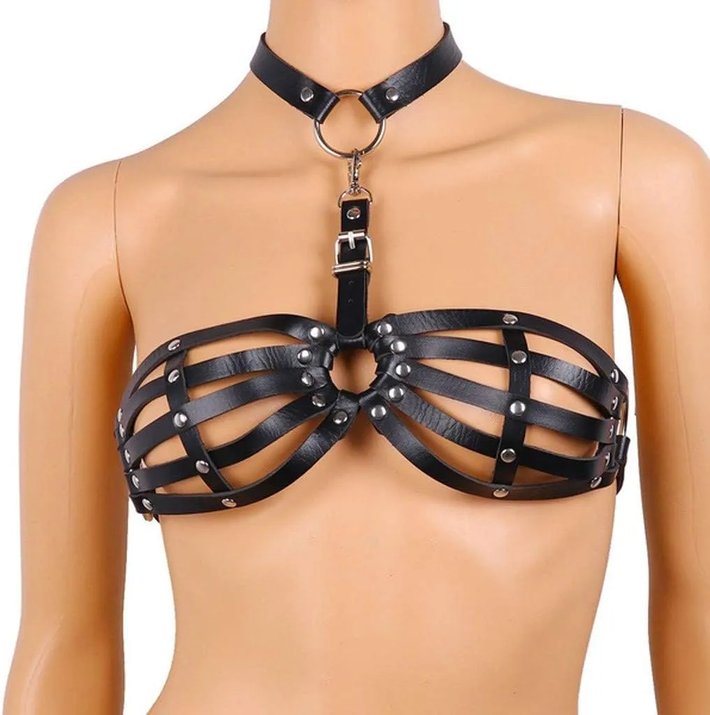 Sexy Women Lingerie Body-Harness Faux Leather Open Bra Full Cage Bondage Hollow Out BDSM Festival Clothing