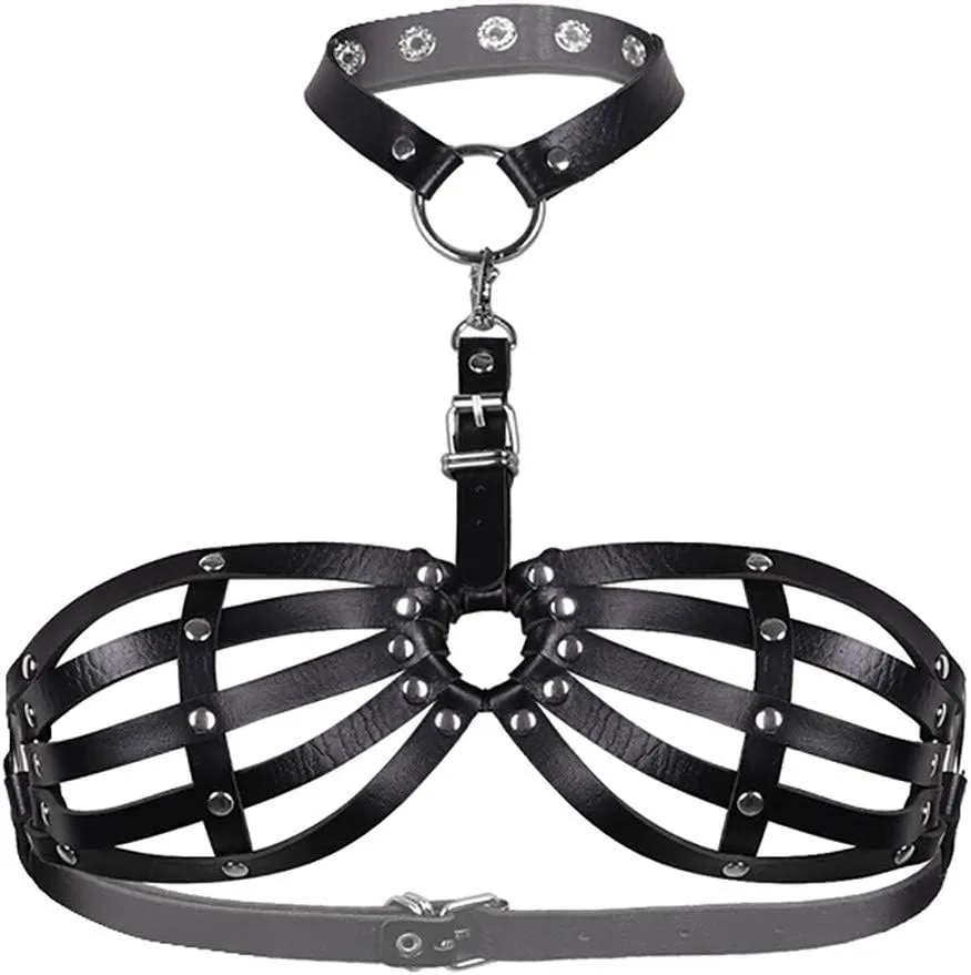 Sexy Women Lingerie Body-Harness Faux Leather Open Bra Full Cage Bondage Hollow Out BDSM Festival Clothing