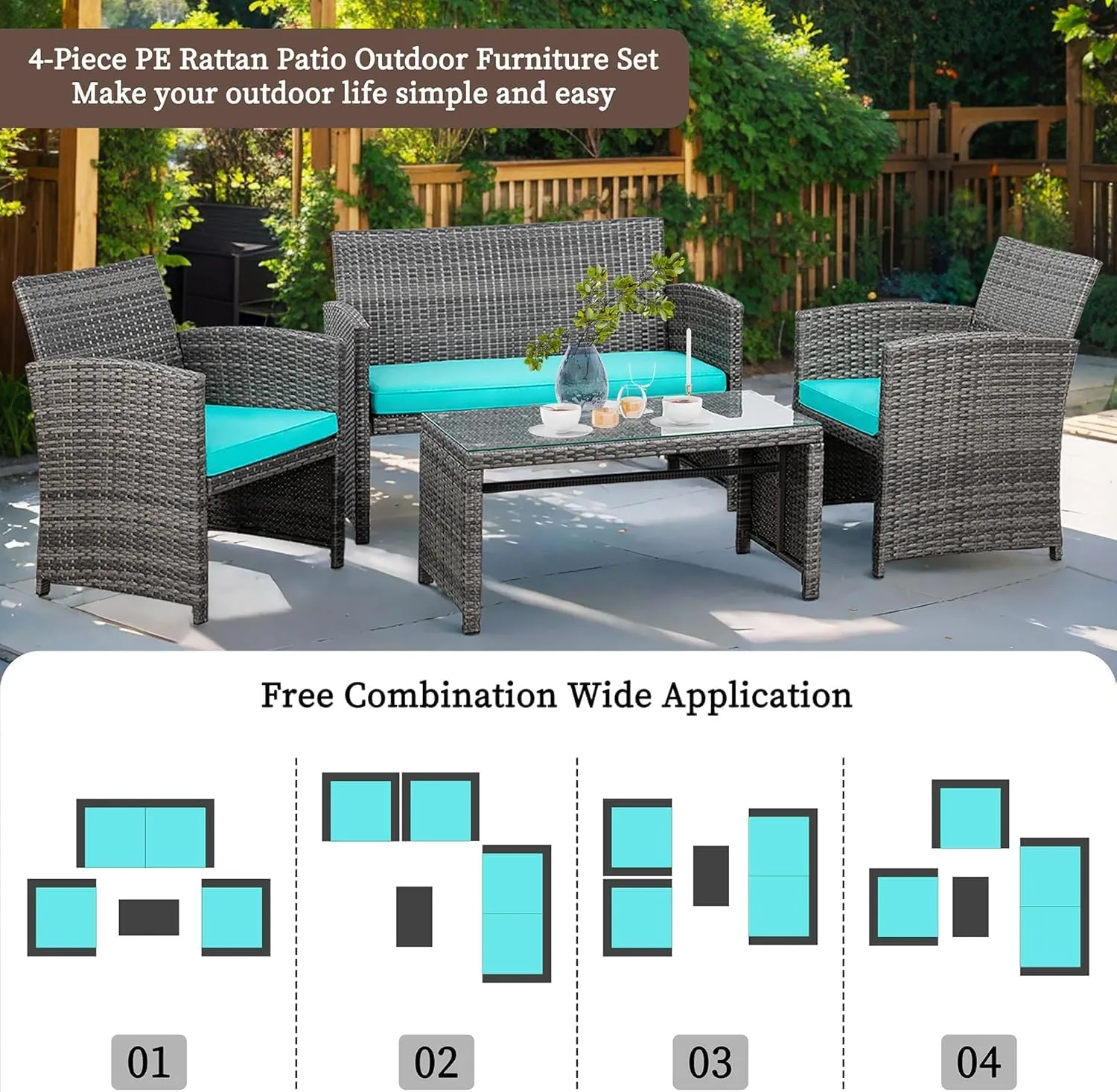 Shintenchi 4 Piece Patio Ratten Set Outdoor Furniture Set Wicker Conversation Set with Cushions and Tempered Glass Tabletop,Blue