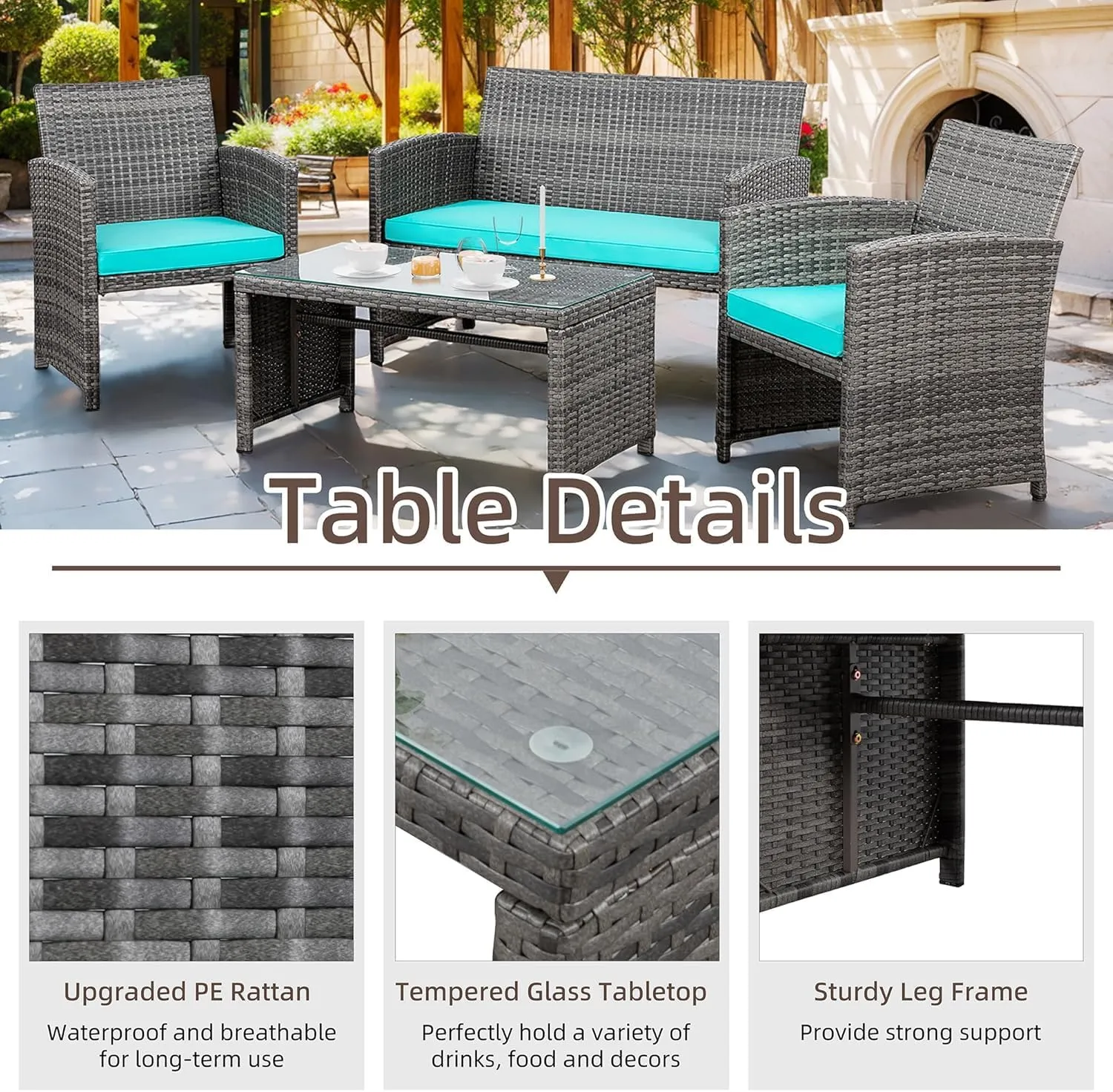 Shintenchi 4 Piece Patio Ratten Set Outdoor Furniture Set Wicker Conversation Set with Cushions and Tempered Glass Tabletop,Blue