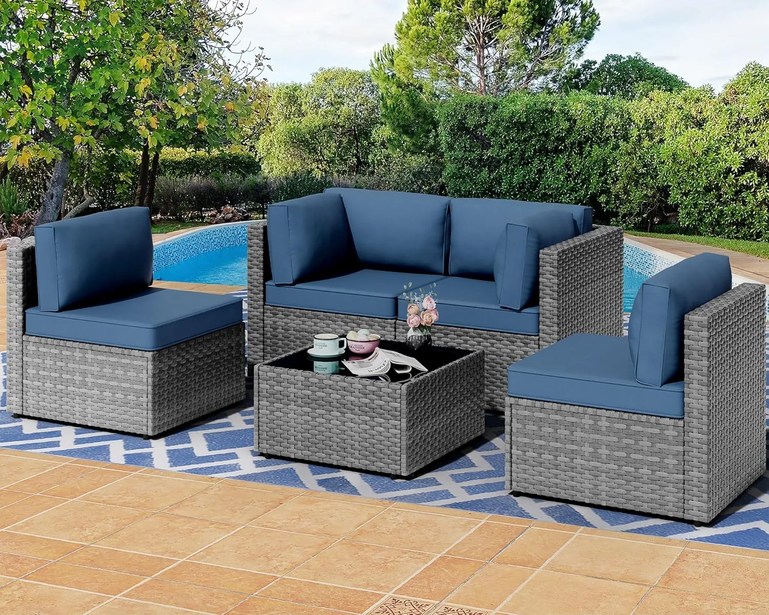 Shintenchi 5 Pieces Outdoor Patio Furniture Sets, Patio Sectional Sofa Couch, Furniture Modular Patio Conversation Sets Patio Sofa with Coffee Table (Aegean Blue)