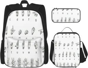 Sign Language Alphabet. Print Pocket Backpack,Pencil Case And Lunch Bag Set For Men And Women,Large Capacity