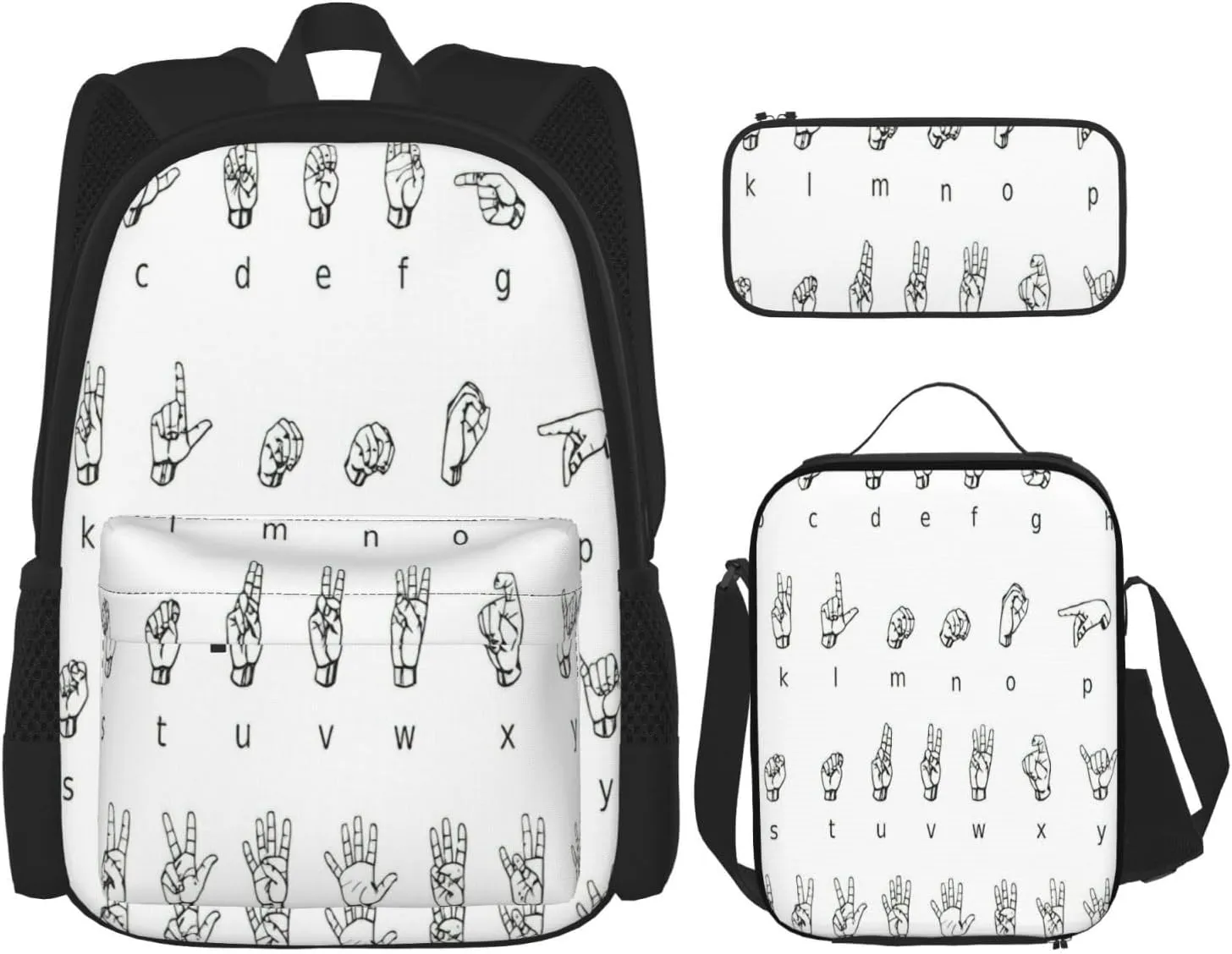 Sign Language Alphabet. Print Pocket Backpack,Pencil Case And Lunch Bag Set For Men And Women,Large Capacity