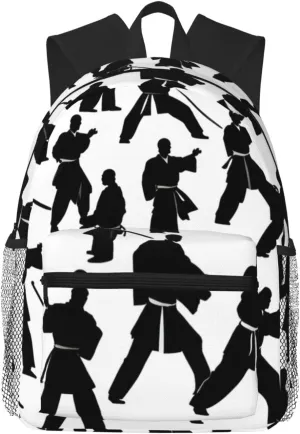 Silhouettes of Martial Arts Print Adults Casual Travel Zipper Bookbag Polyester Travel Daypack Bag Multiple Pockets
