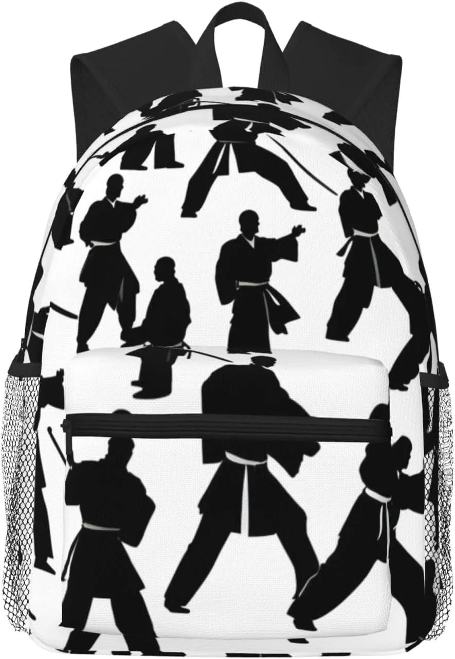 Silhouettes of Martial Arts Print Adults Casual Travel Zipper Bookbag Polyester Travel Daypack Bag Multiple Pockets
