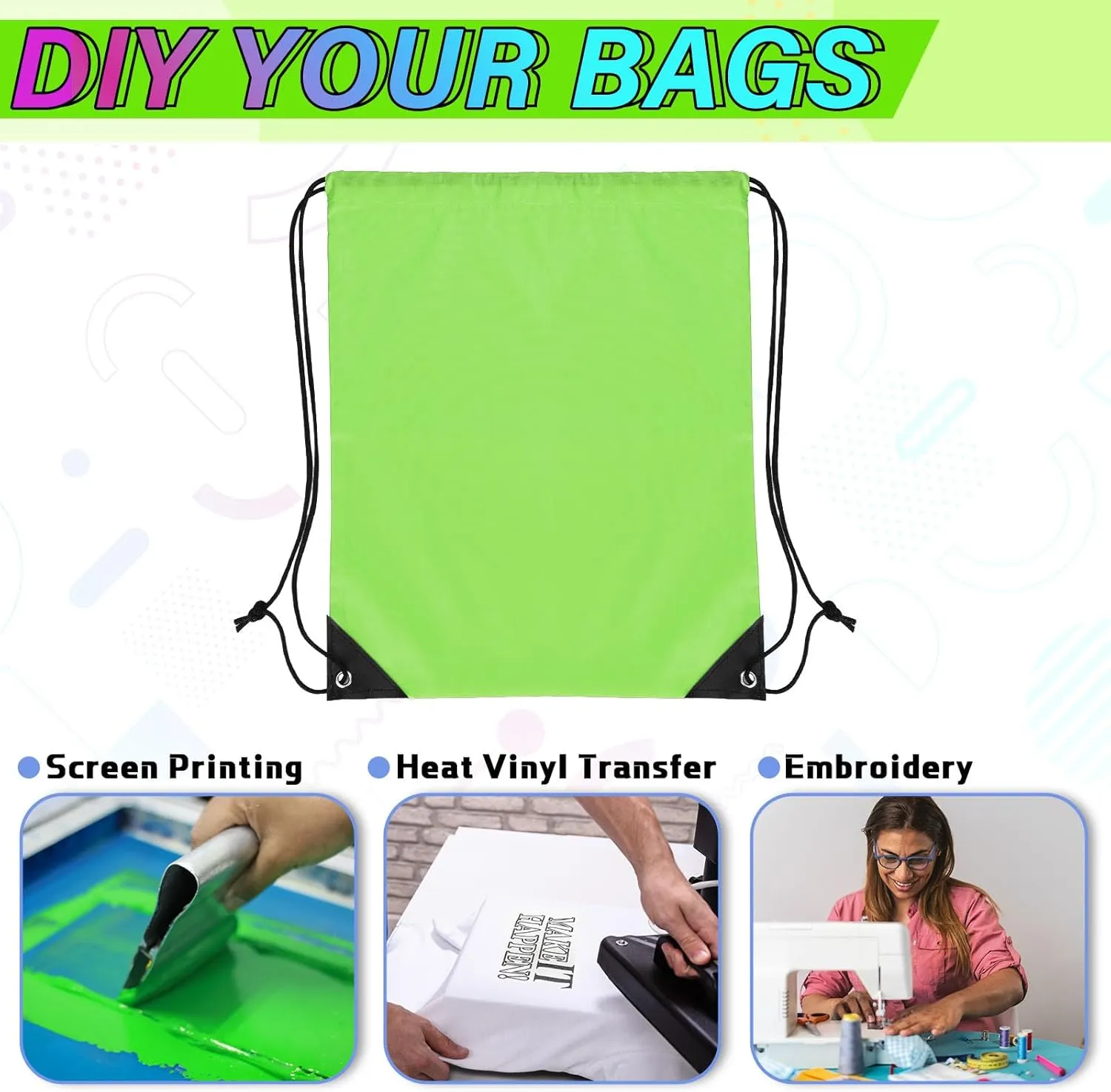 Silkfly 100 Pieces Drawstring Backpack Bags Bulk Portable Blank Cinch Storage Bags for Sports, School, DIY Gifts, Homeless, Social Assistance(Grass Green)