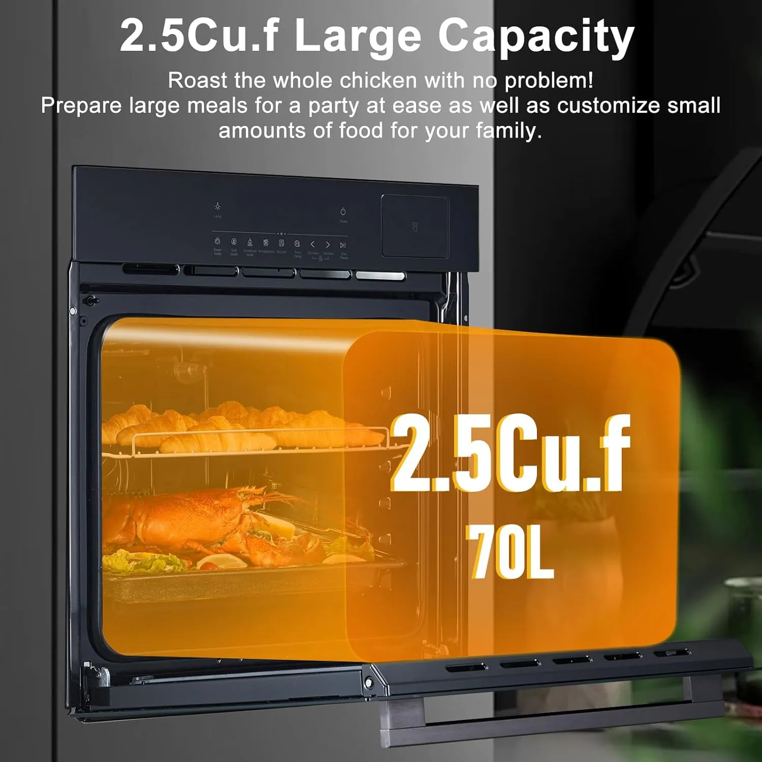 Single Wall Oven 24", Built-in Electric Ovens with Steam&Grill&Air Frying Mode, 3000W, 240V, 2.5Cu.ft Convection Built-in Oven, Stainless Steel, Touch Screen