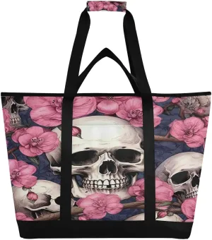 Skull and Flowers Reusable Insulated Lunchbox Cooler Bag, Leakproof Kitchen Grocery Bag Collapsible Portable Cooler Tote Bag for Picnic, Camping, Office, Travel