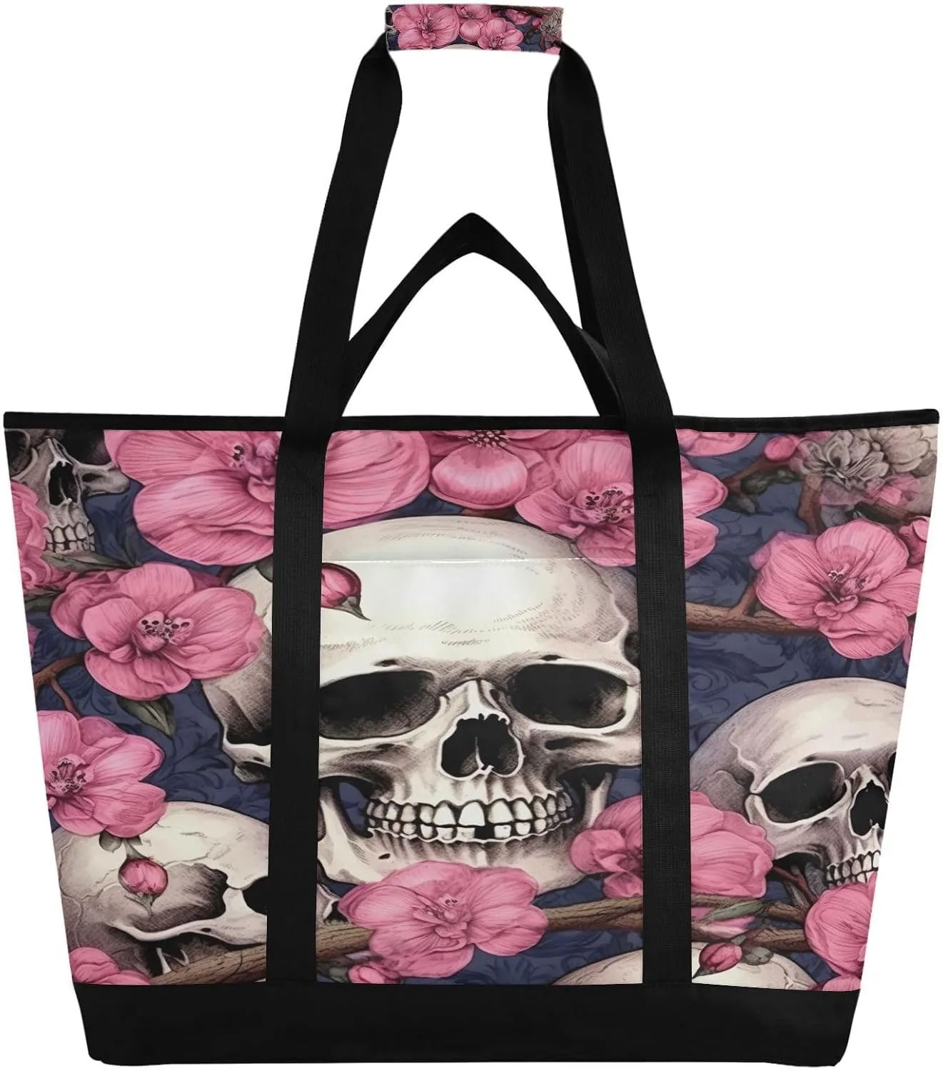 Skull and Flowers Reusable Insulated Lunchbox Cooler Bag, Leakproof Kitchen Grocery Bag Collapsible Portable Cooler Tote Bag for Picnic, Camping, Office, Travel