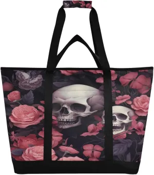 Skull Flowers Reusable Insulated Lunchbox Cooler Bag, Leakproof Kitchen Grocery Bag Collapsible Portable Cooler Tote Bag for Picnic, Camping, Office, Travel