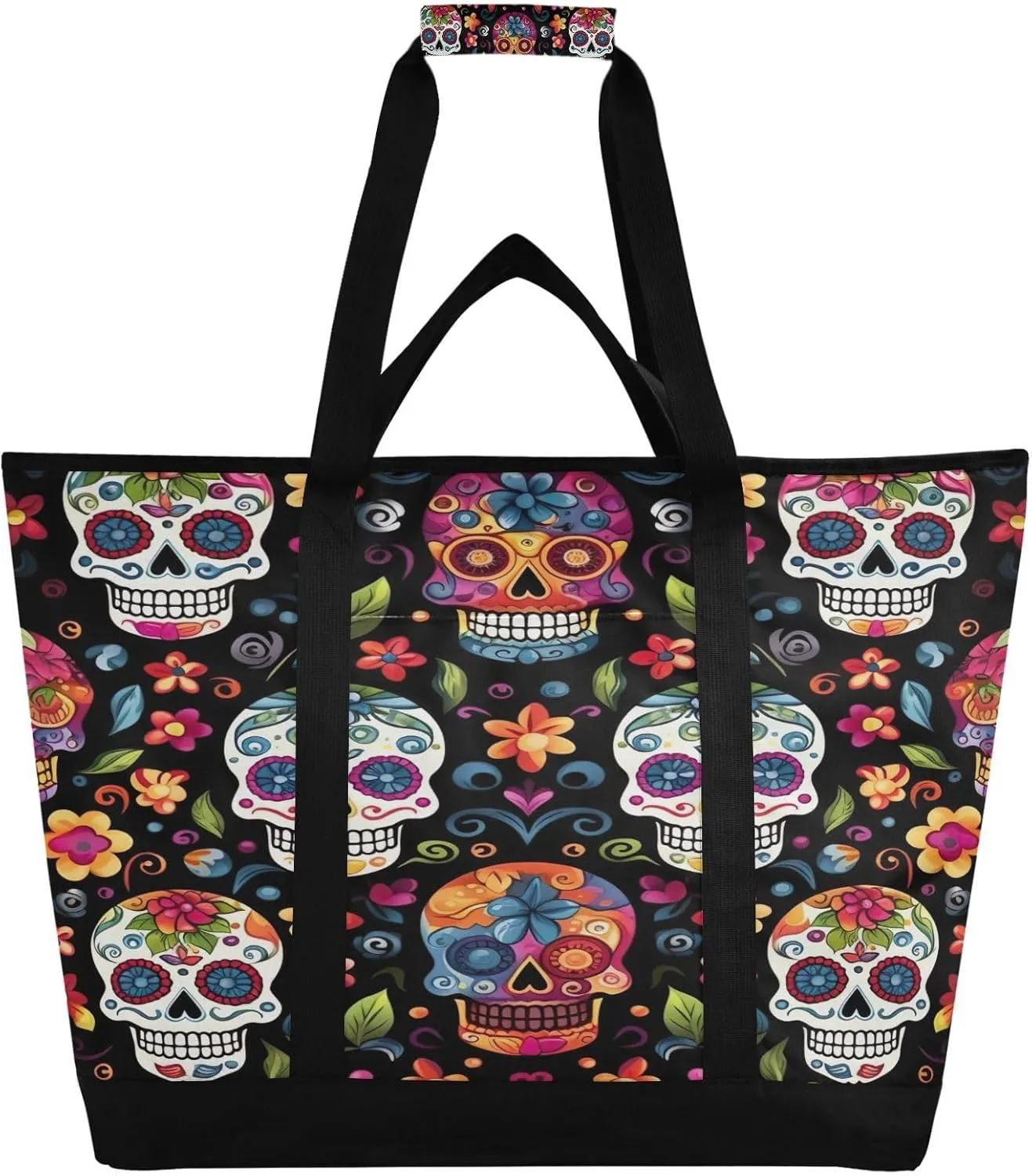 Skull Flowers Reusable Insulated Lunchbox Cooler Bag, Leakproof Kitchen Grocery Bag Collapsible Portable Cooler Tote Bag for Picnic, Camping, Office, Travel