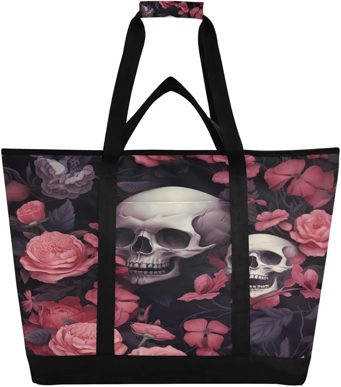Skull Flowers Reusable Insulated Lunchbox Cooler Bag, Leakproof Kitchen Grocery Bag Collapsible Portable Cooler Tote Bag for Picnic, Camping, Office, Travel