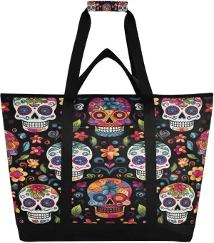 Skull Flowers Reusable Insulated Lunchbox Cooler Bag, Leakproof Kitchen Grocery Bag Collapsible Portable Cooler Tote Bag for Picnic, Camping, Office, Travel