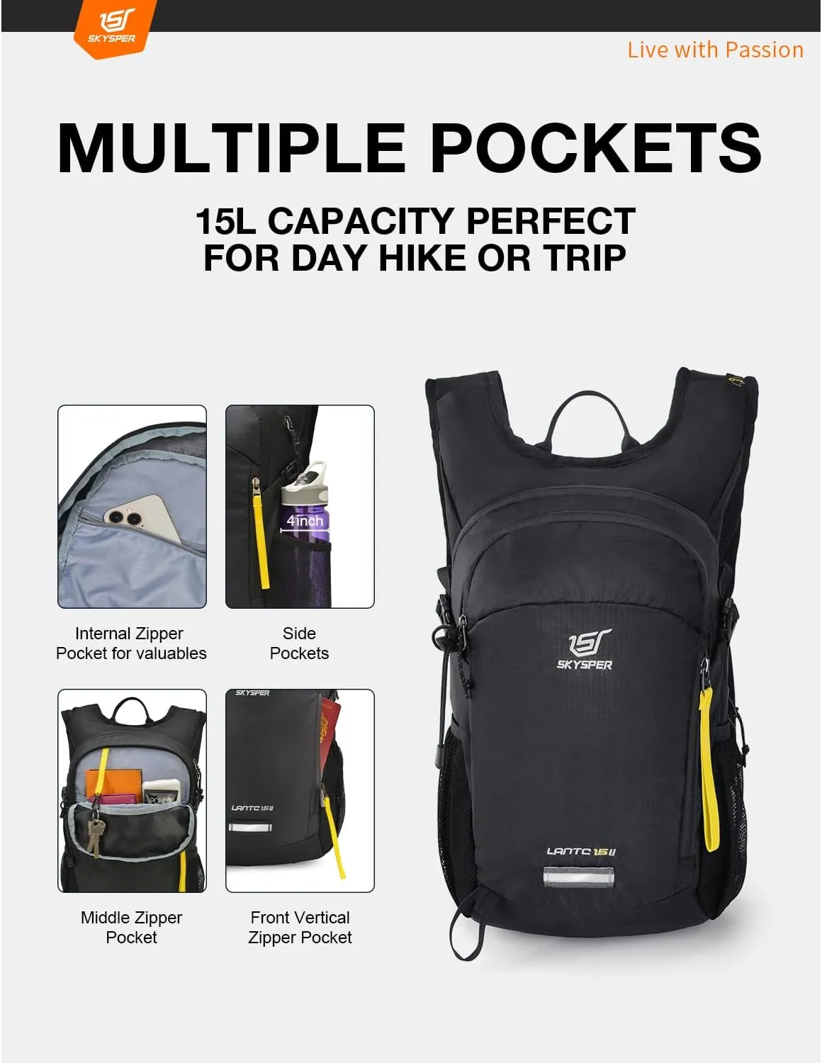 SKYSPER Small Hiking Backpack 15L Lightweight Travel Daypack for Camping Travelling Breathable Walking Daybag for Women Men