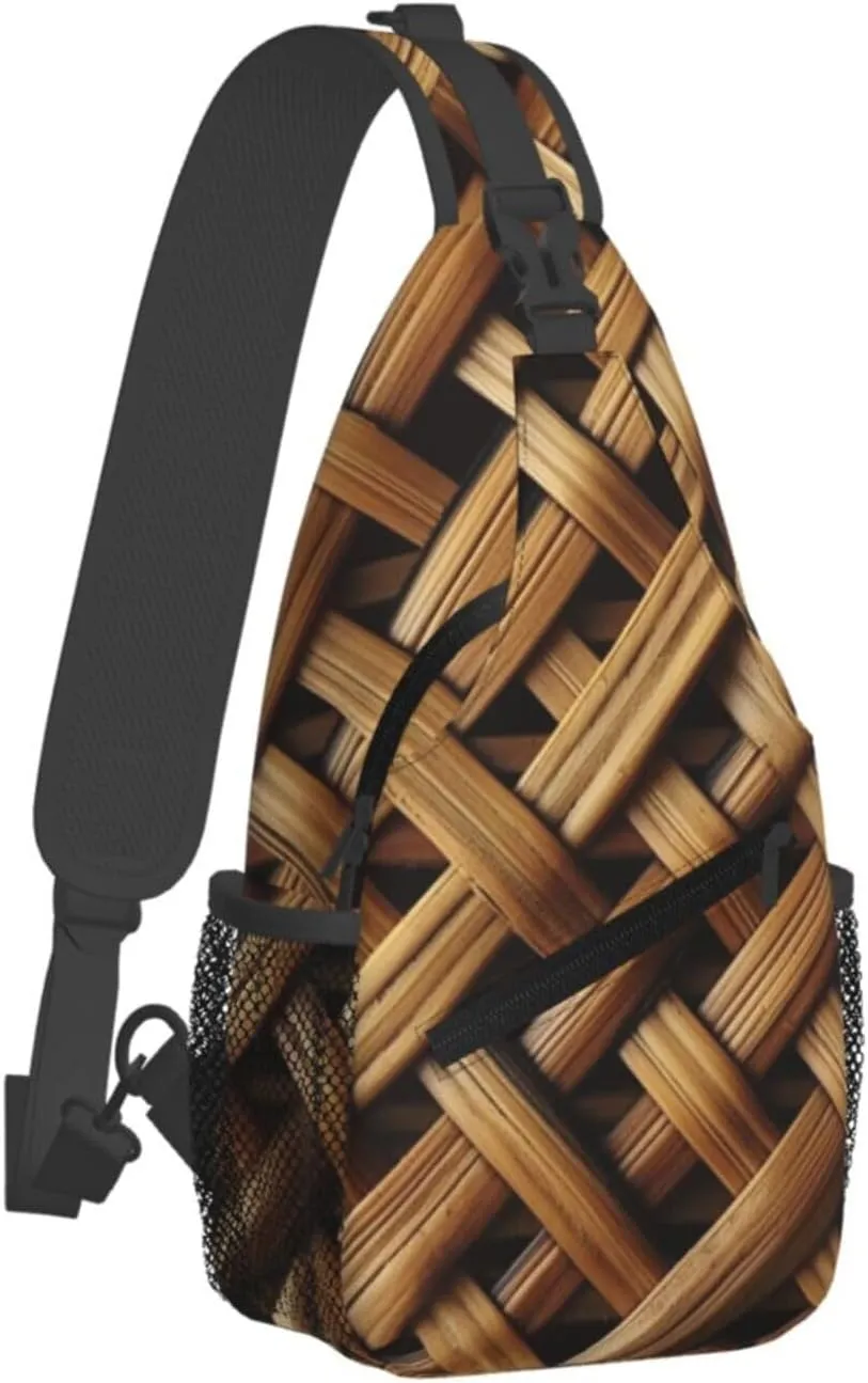Sling Bag for Women Men Chest Bag Wicker Woven Grid Crossbody Bag Small Sling Backpack Fanny Packs Hiking Daypack
