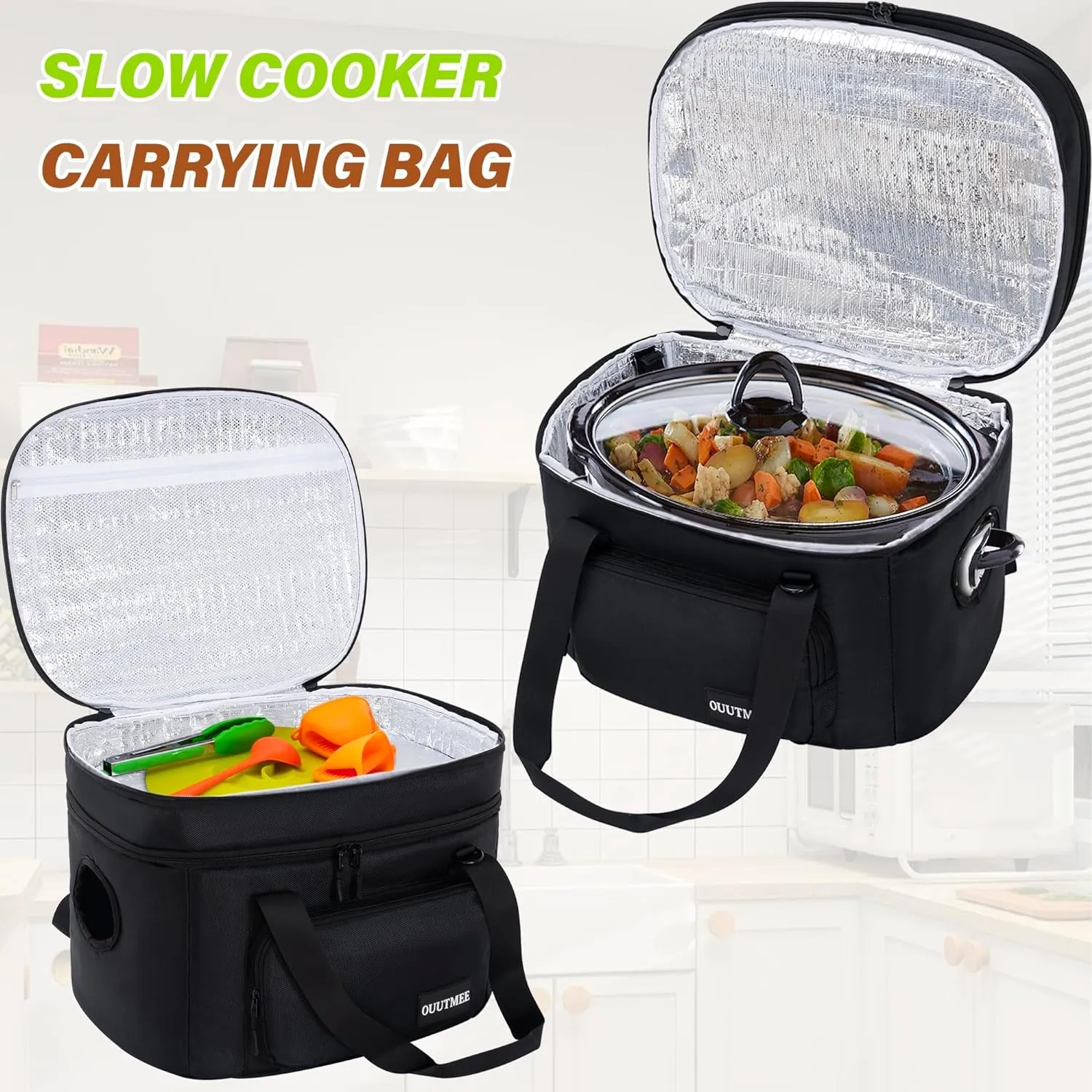 Slow Cooker Travel Bag, 2 Layers Slow Cooker Carrier, Compatible with 6, 7, 8 Quart Crock-Pot, Insulated Travel Carrier with Easy to Clean Lining