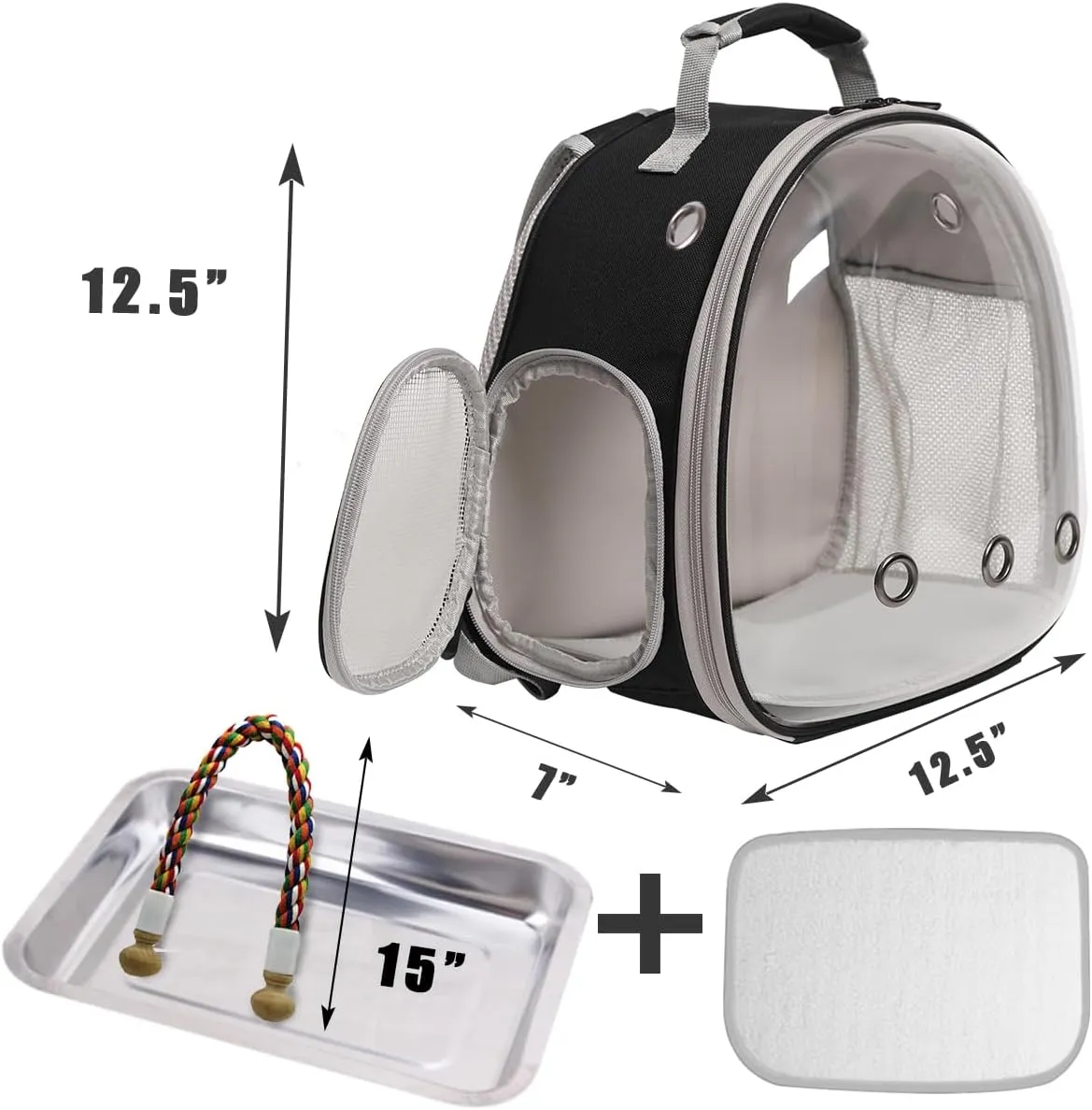 Small Bird Travel Backpack Carrier Cage, Backpack to Transport Backpack Carrier with Metal Tray Stand Perch for Parakeet Cockatiel Budgies Vet Carry Book Bag Black