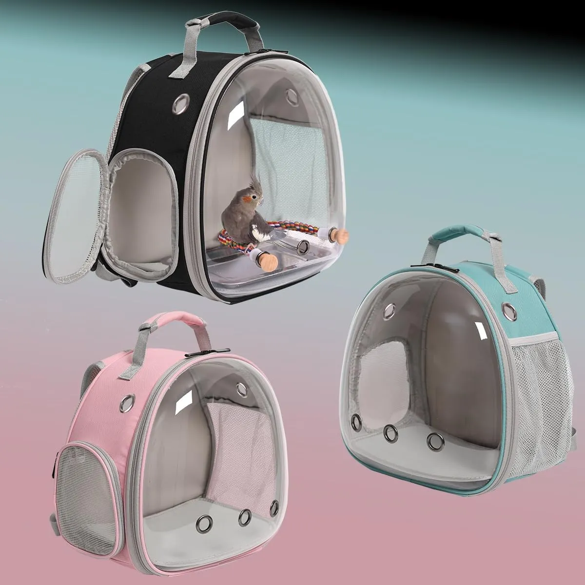 Small Bird Travel Backpack Carrier Cage, Backpack to Transport Backpack Carrier with Metal Tray Stand Perch for Parakeet Cockatiel Budgies Vet Carry Book Bag Black