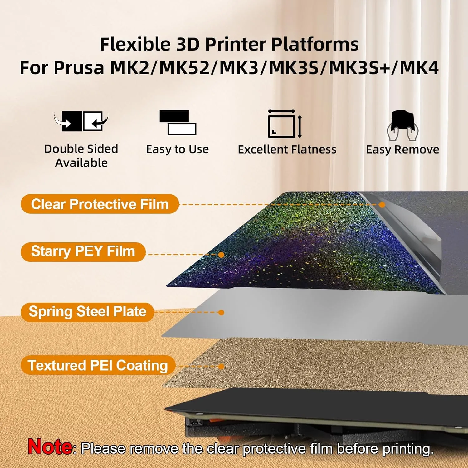 Smooth PEO Textured PEI Build Plate for Prusa MK4 MK3 MK3S MK52, PEO PEI Spring Steel Sheet Flexible Print Bed 241x253.8mm for Prusa I3 MK2 2.5S MK52 MK3S MK3S  MK4 3D Printers
