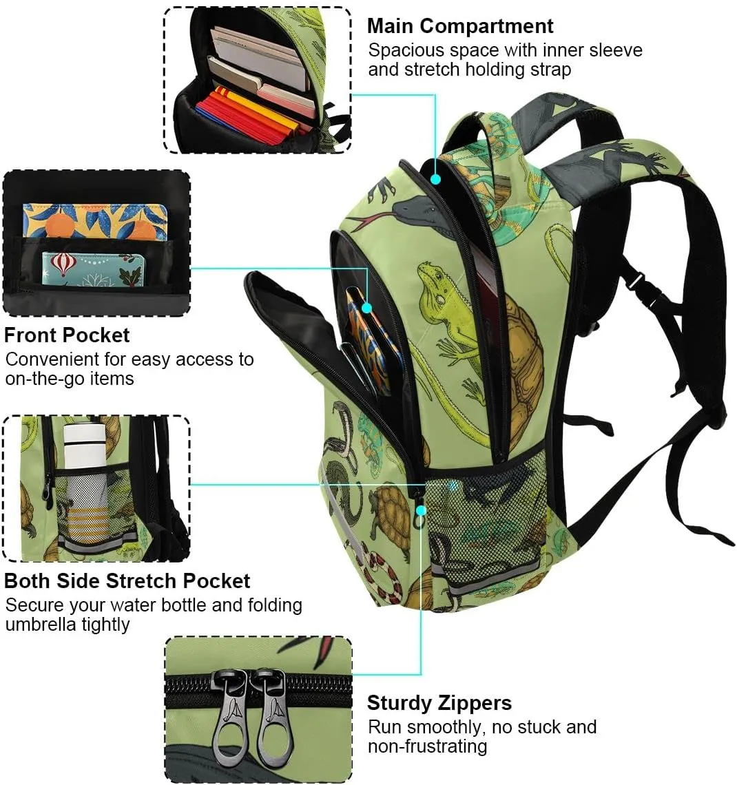 Snakes Lizard Chameleon and Turtle Animal Backpack with Reflective Stripes, Laptop School Book Bag Lightweight Computer Backpacks for Men Women Kids