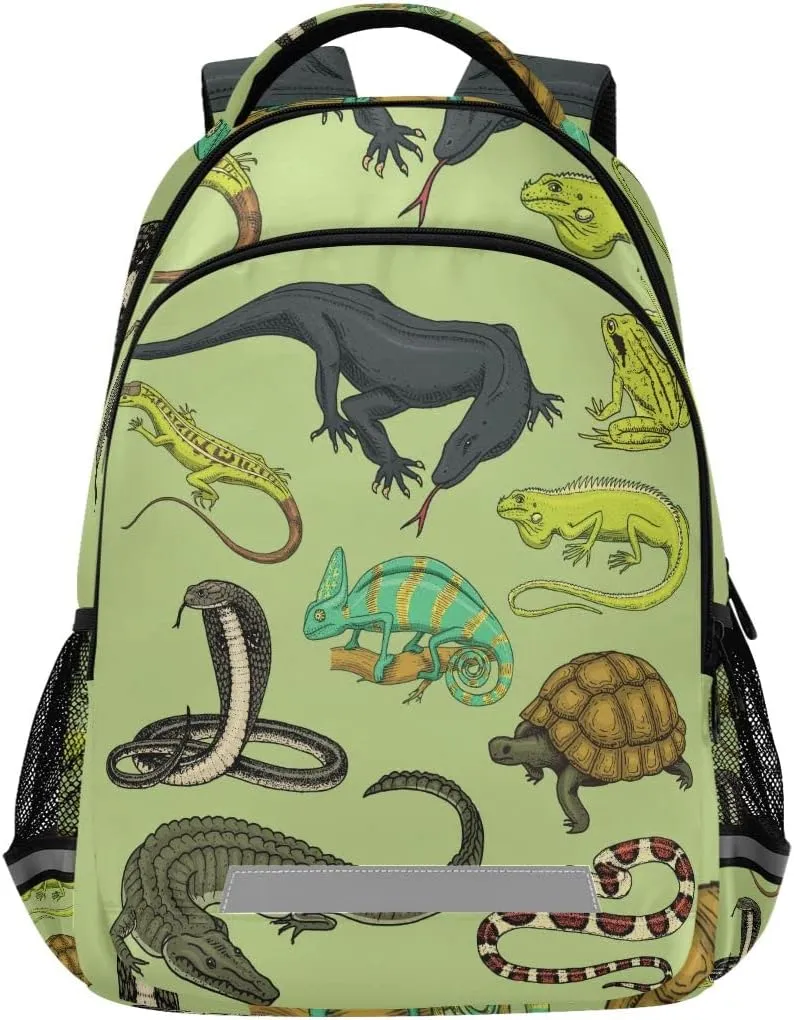 Snakes Lizard Chameleon and Turtle Animal Backpack with Reflective Stripes, Laptop School Book Bag Lightweight Computer Backpacks for Men Women Kids