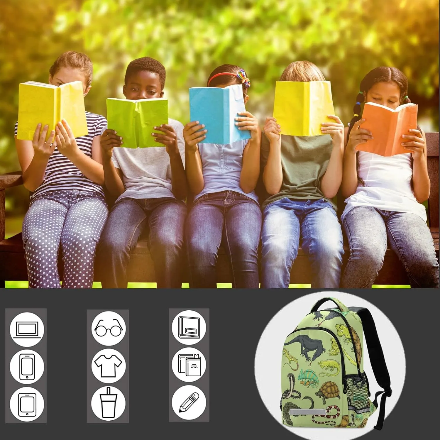 Snakes Lizard Chameleon and Turtle Animal Backpack with Reflective Stripes, Laptop School Book Bag Lightweight Computer Backpacks for Men Women Kids