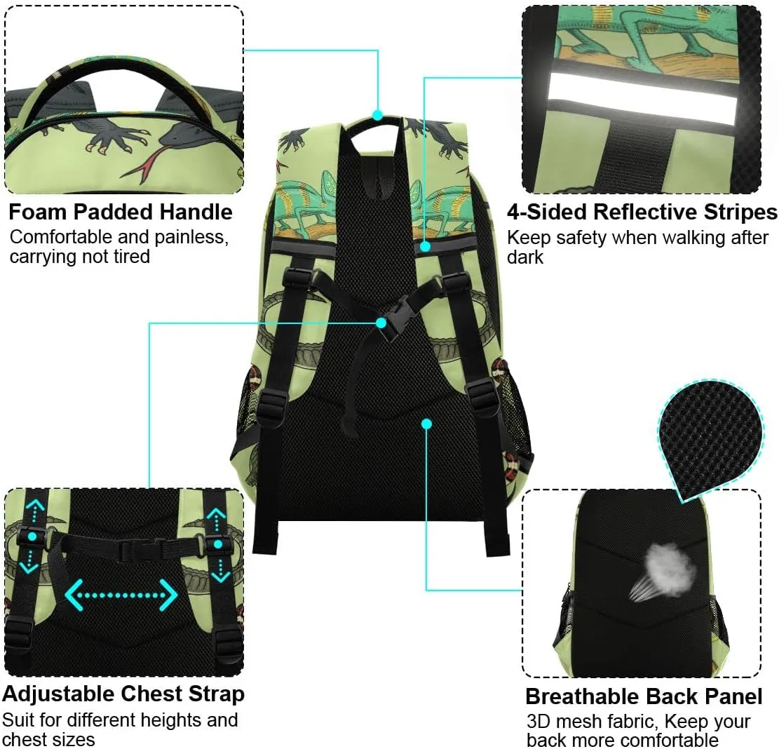 Snakes Lizard Chameleon and Turtle Animal Backpack with Reflective Stripes, Laptop School Book Bag Lightweight Computer Backpacks for Men Women Kids
