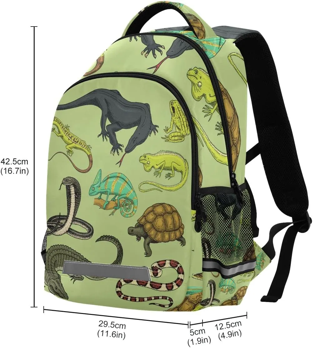 Snakes Lizard Chameleon and Turtle Animal Backpack with Reflective Stripes, Laptop School Book Bag Lightweight Computer Backpacks for Men Women Kids