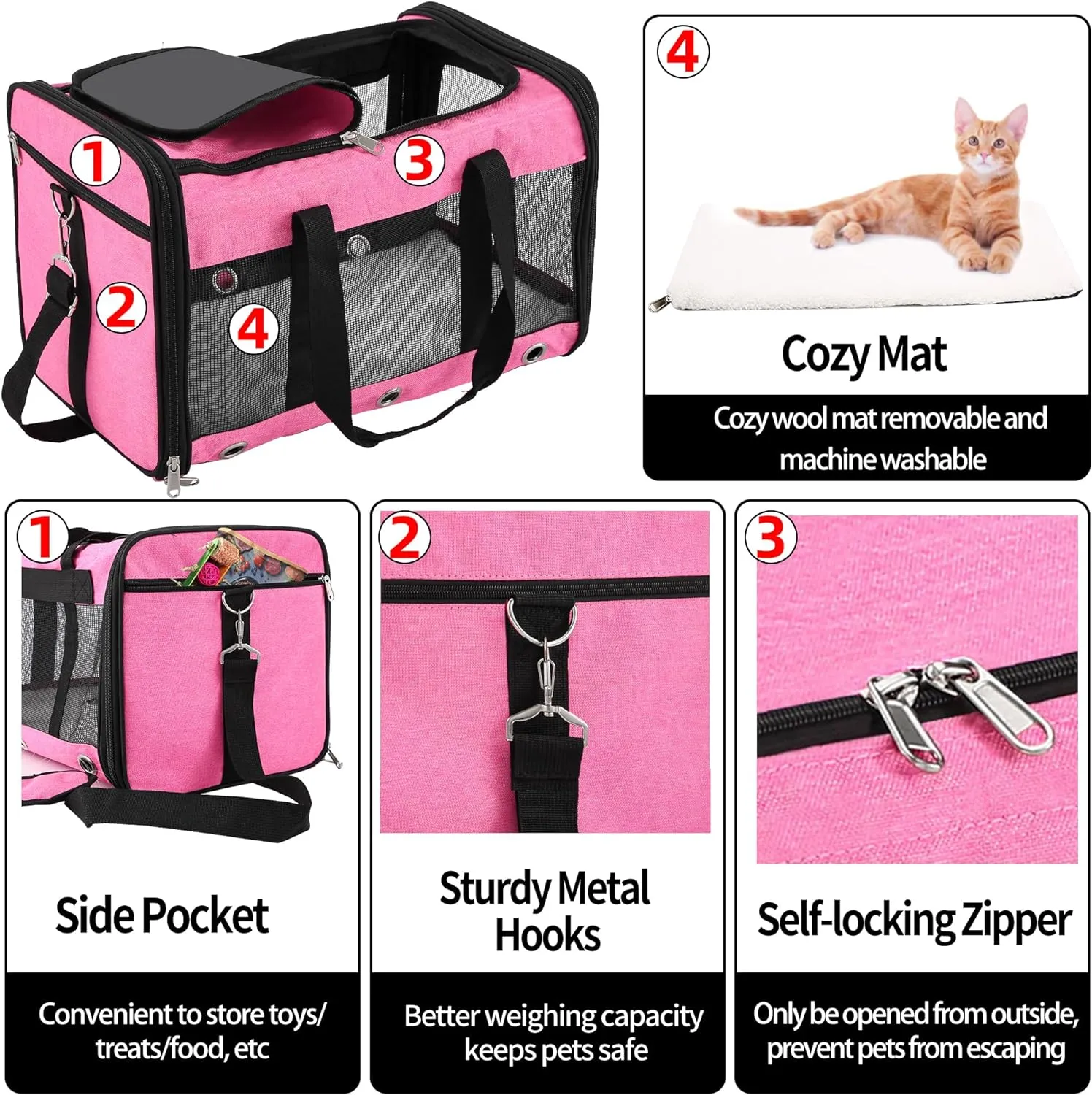 Soft Sided Cat/Dog Carrier,Collapsible Pets Travel Carriers for Pet/Puppy with Shoulder Strap & Removable Mat,Mesh Top Load Small Dogs/Cats Carry Bag Up to 25 Lbs（Pink,L）