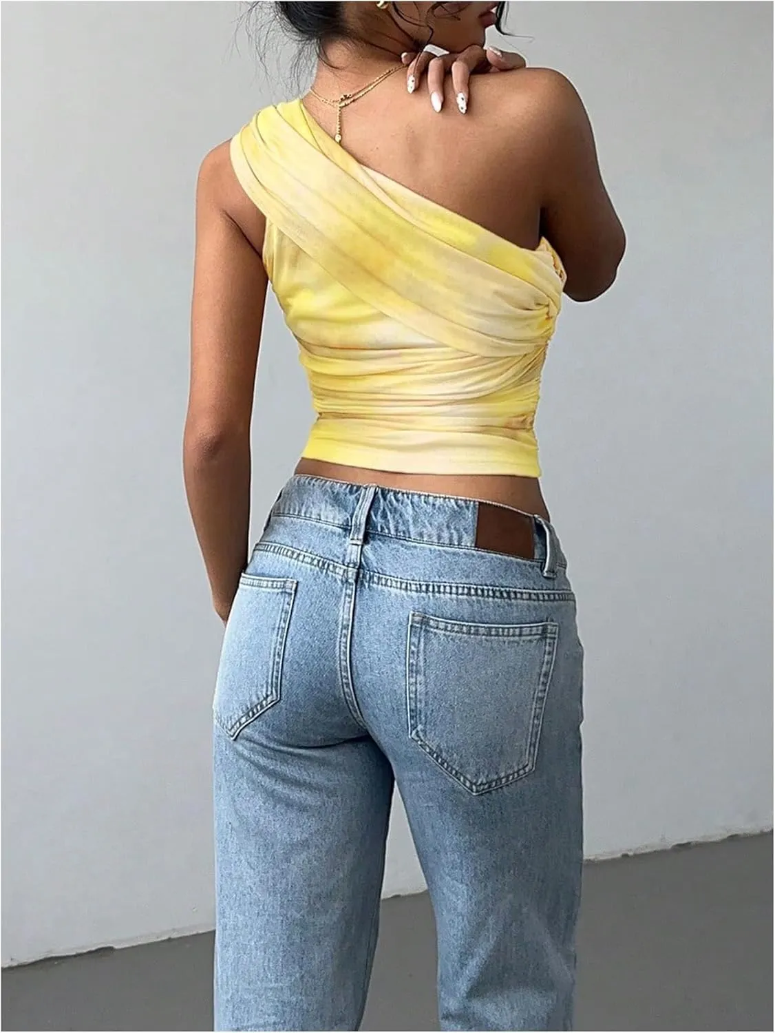 SOLY HUX Women's One Shoulder Crop Tops Y2K Tie Dye Ruched Sleeveless Club Festival Concert Going Out Top