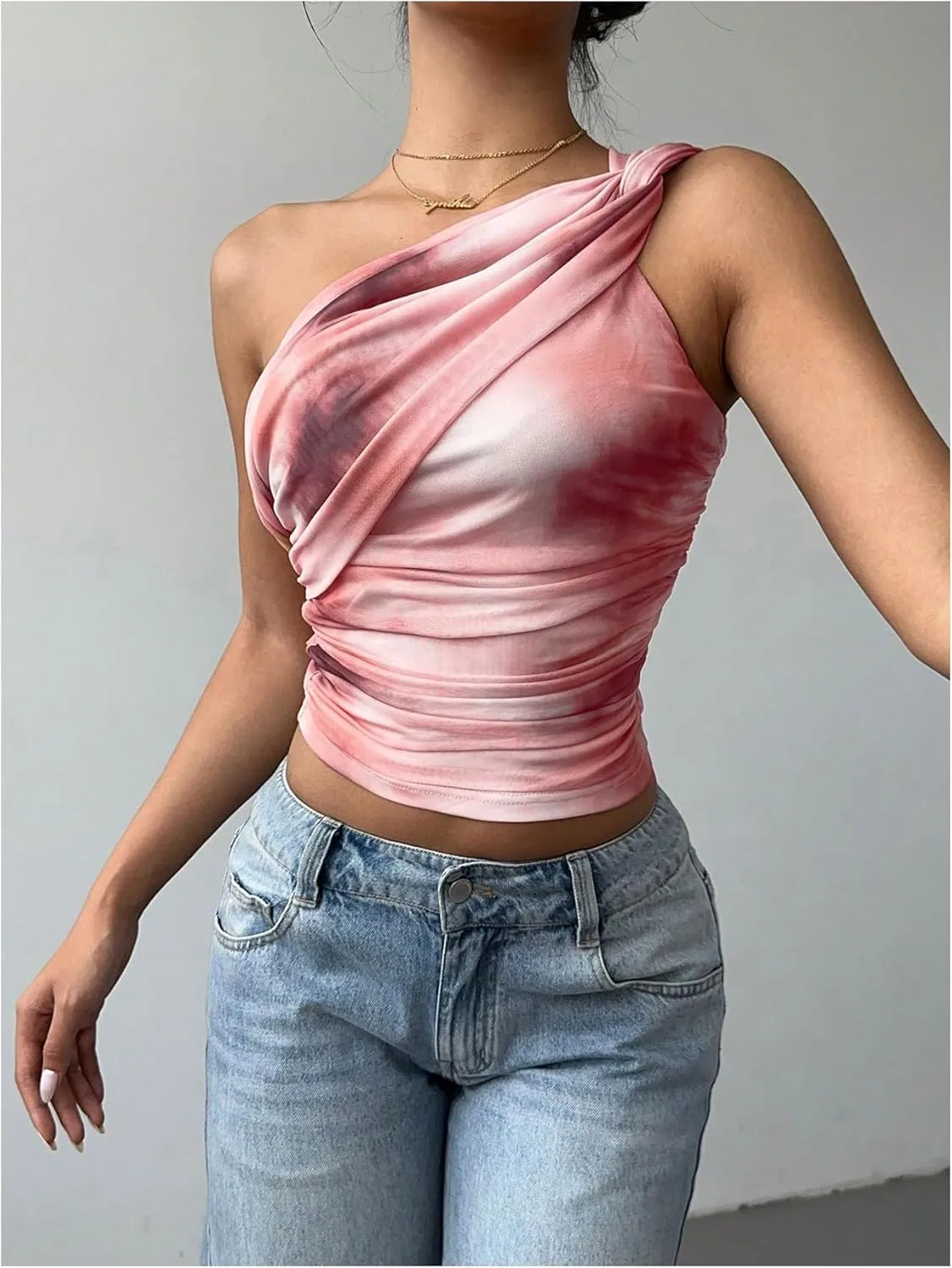 SOLY HUX Women's One Shoulder Crop Tops Y2K Tie Dye Ruched Sleeveless Club Festival Concert Going Out Top