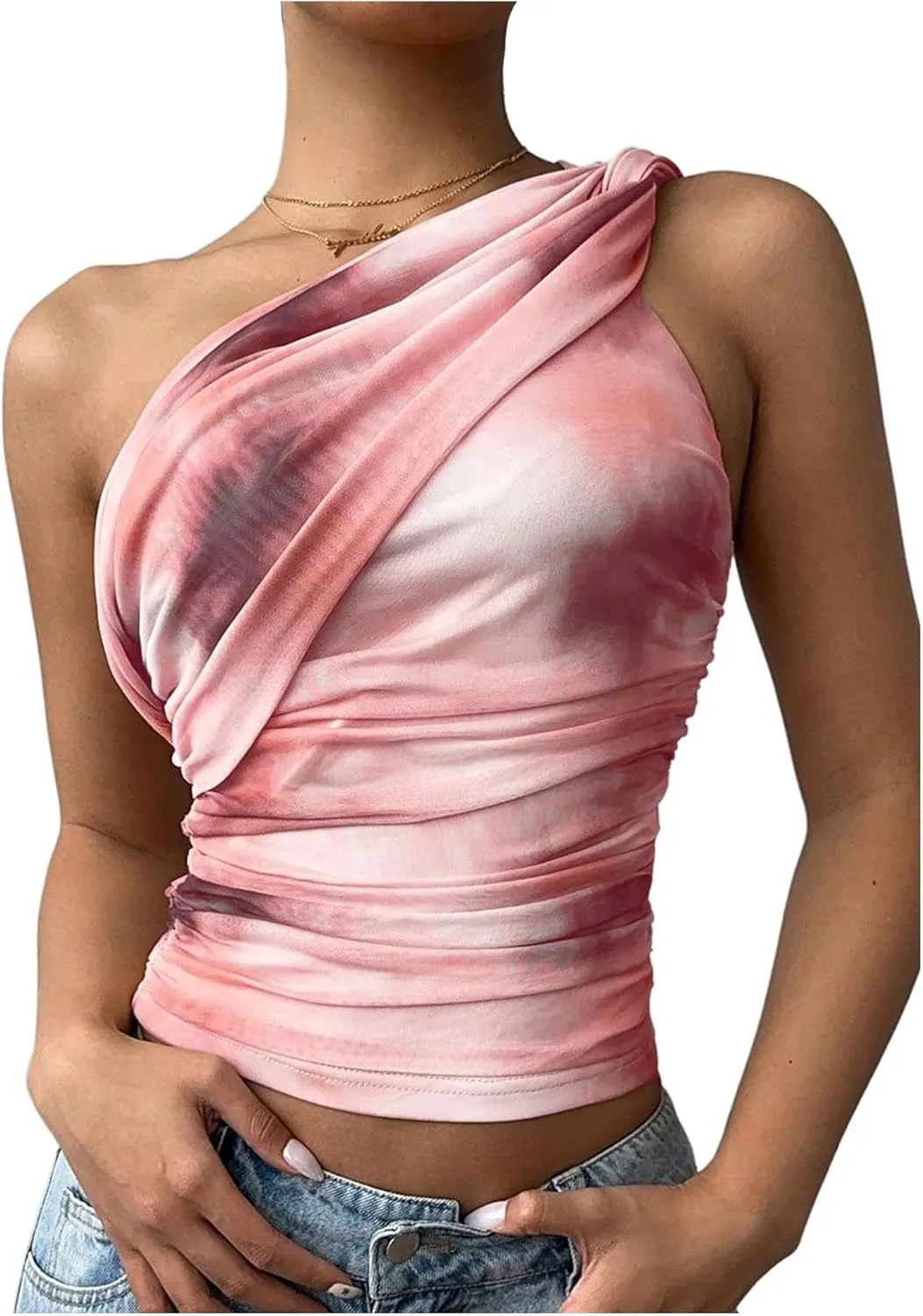 SOLY HUX Women's One Shoulder Crop Tops Y2K Tie Dye Ruched Sleeveless Club Festival Concert Going Out Top
