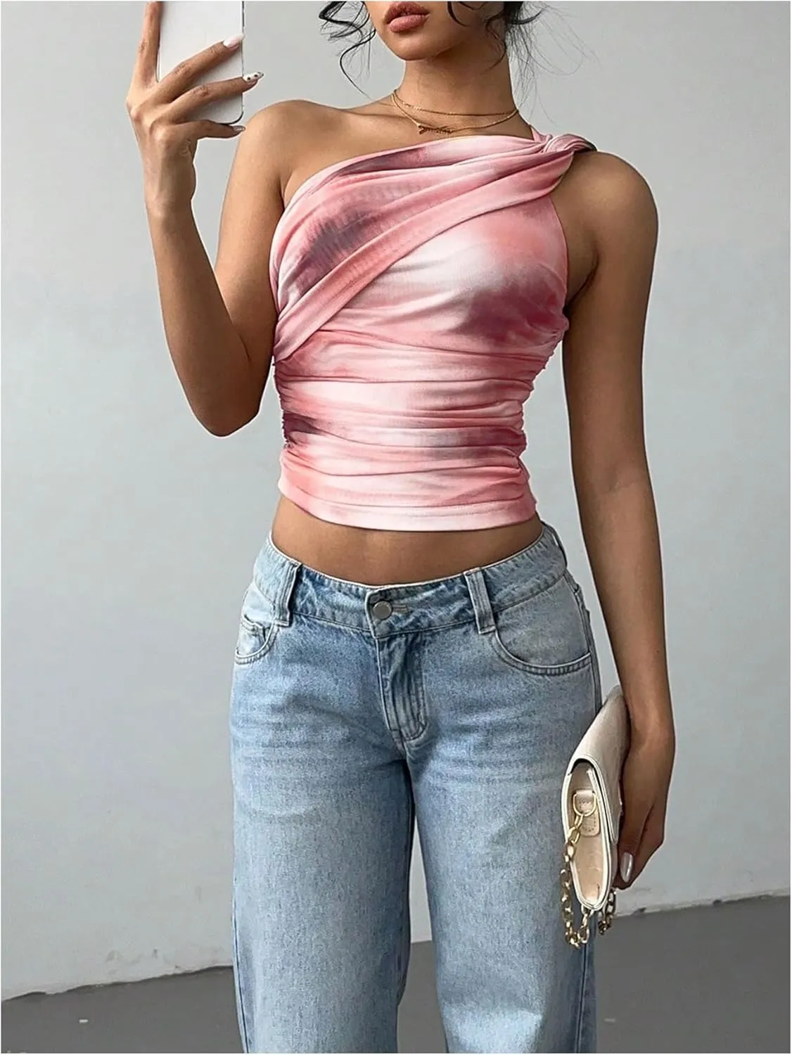 SOLY HUX Women's One Shoulder Crop Tops Y2K Tie Dye Ruched Sleeveless Club Festival Concert Going Out Top