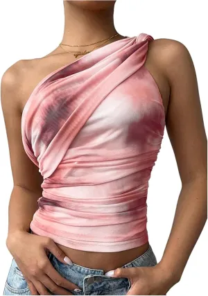 SOLY HUX Women's One Shoulder Crop Tops Y2K Tie Dye Ruched Sleeveless Club Festival Concert Going Out Top