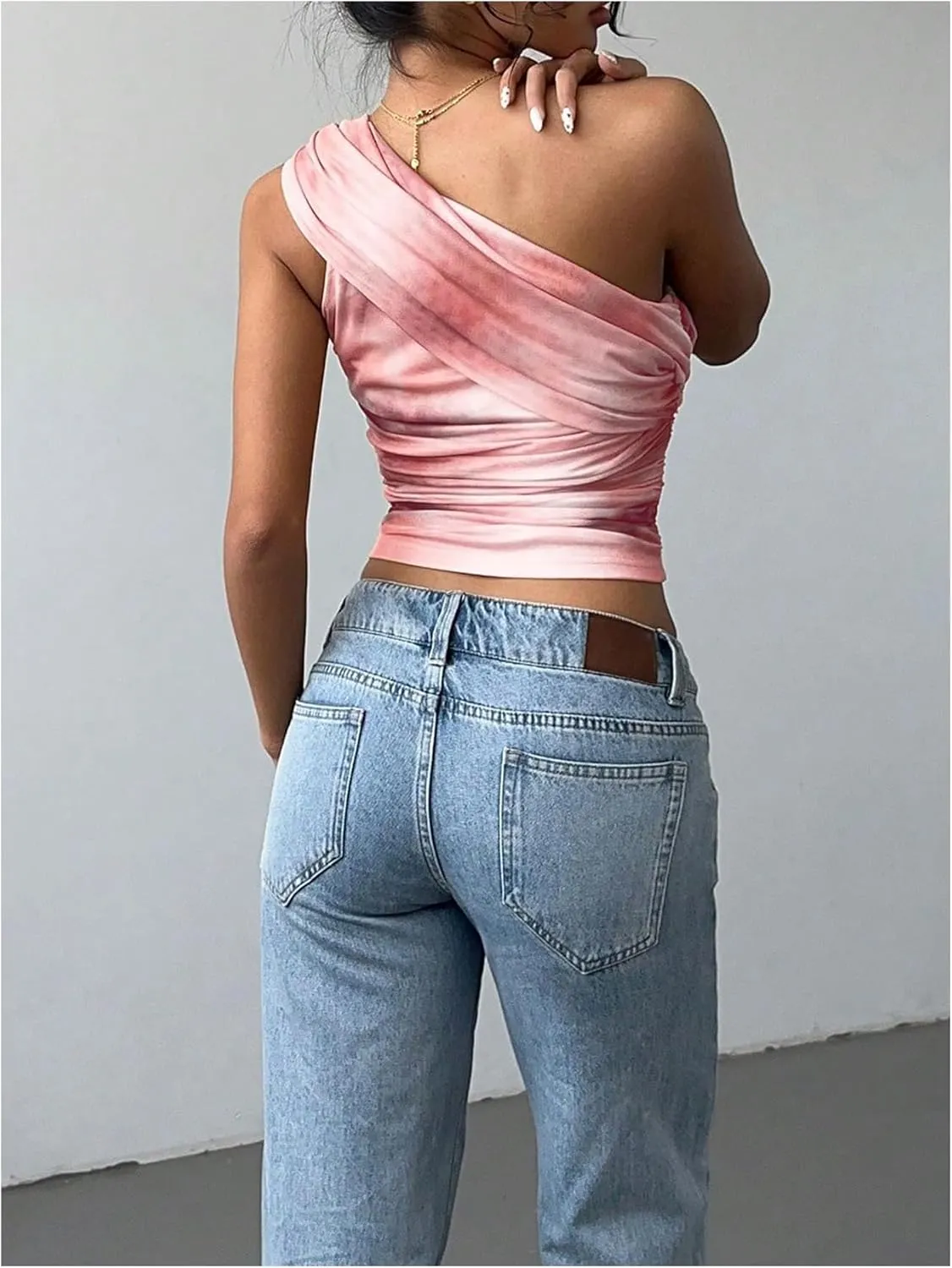 SOLY HUX Women's One Shoulder Crop Tops Y2K Tie Dye Ruched Sleeveless Club Festival Concert Going Out Top