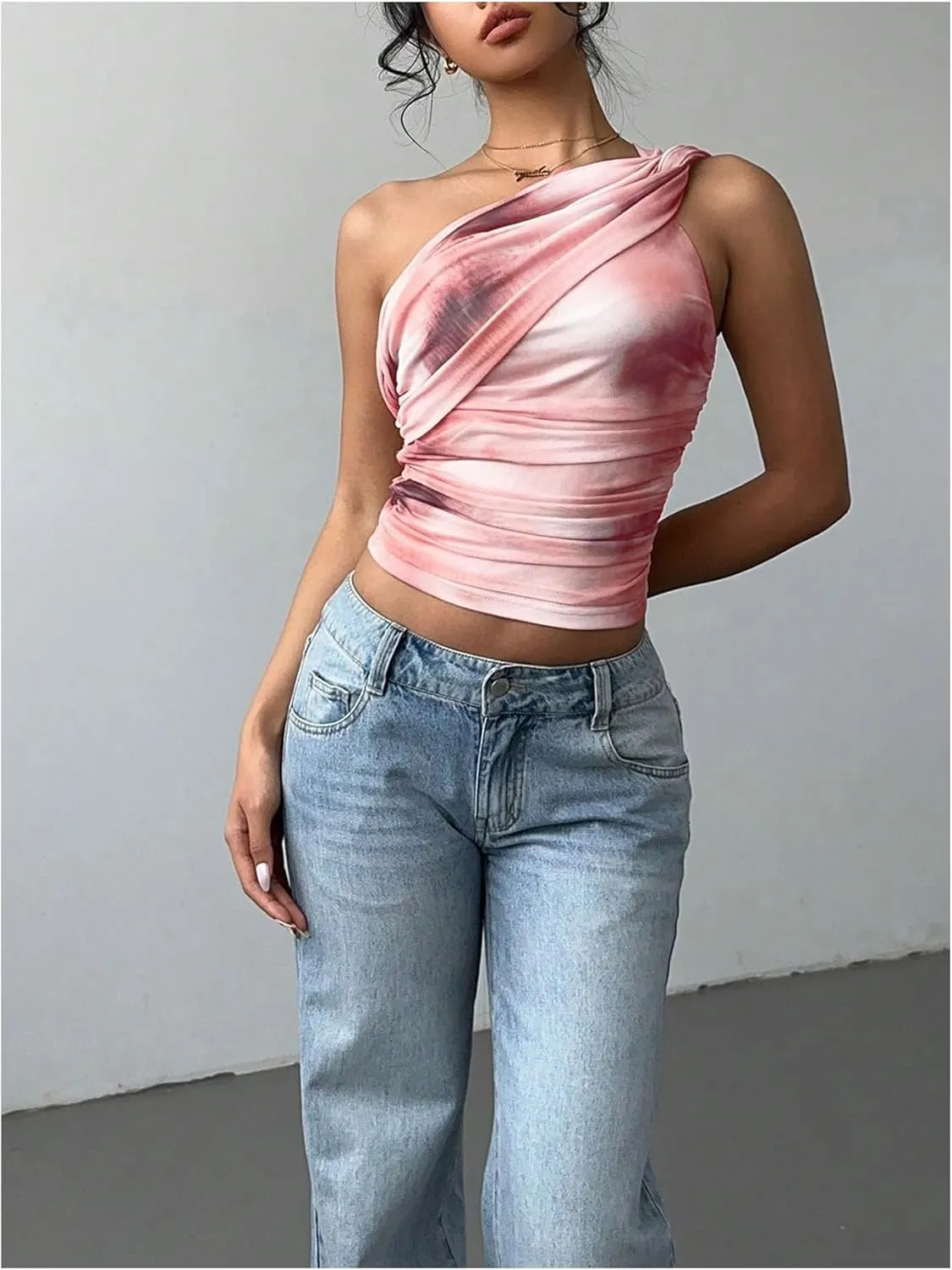 SOLY HUX Women's One Shoulder Crop Tops Y2K Tie Dye Ruched Sleeveless Club Festival Concert Going Out Top