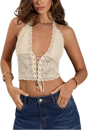 SOLY HUX Women's Sexy Lace Sheer Corset Top Halter Neck Tie Up Backless Crop Tops Party Rave Outfits