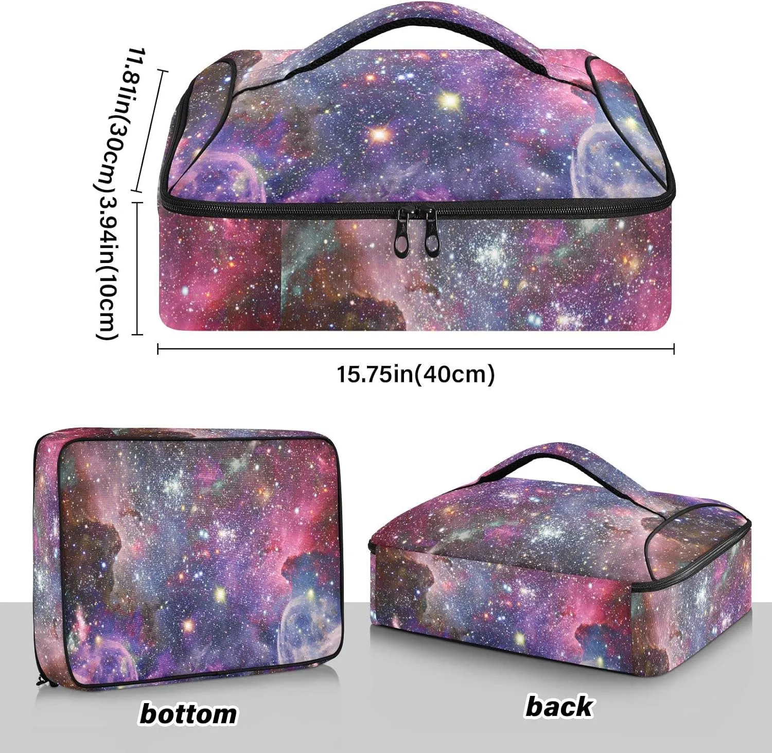 Space Galaxy Universe with Glare Stars in Purple Pink Dark Blue Reusable Insulated Pizza Bag, Waterproof Food Delivery Bag, with Handle Lid Leakproof Pizza Holder Tote for Hot or Cold Food