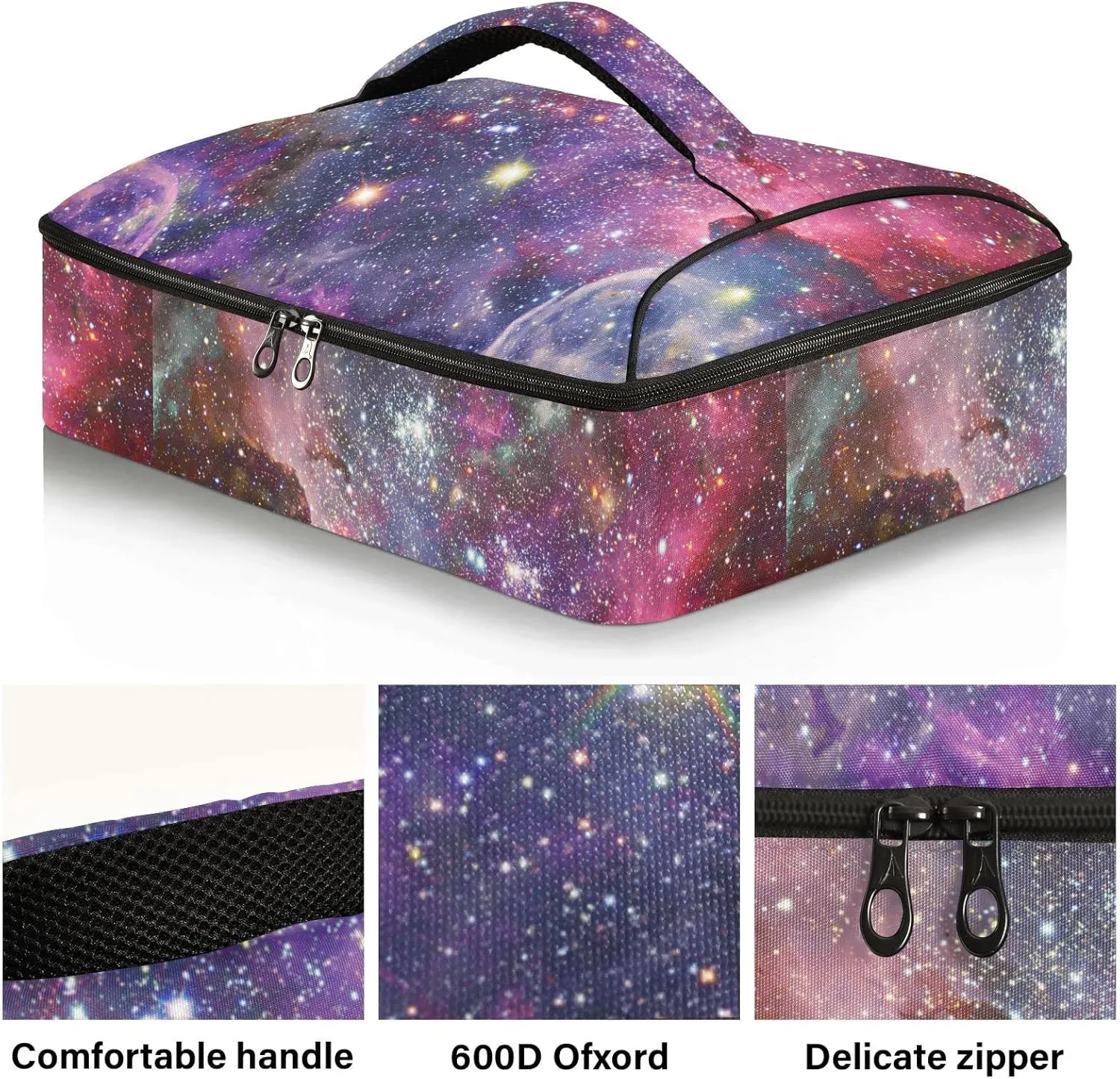 Space Galaxy Universe with Glare Stars in Purple Pink Dark Blue Reusable Insulated Pizza Bag, Waterproof Food Delivery Bag, with Handle Lid Leakproof Pizza Holder Tote for Hot or Cold Food