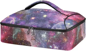 Space Galaxy Universe with Glare Stars in Purple Pink Dark Blue Reusable Insulated Pizza Bag, Waterproof Food Delivery Bag, with Handle Lid Leakproof Pizza Holder Tote for Hot or Cold Food