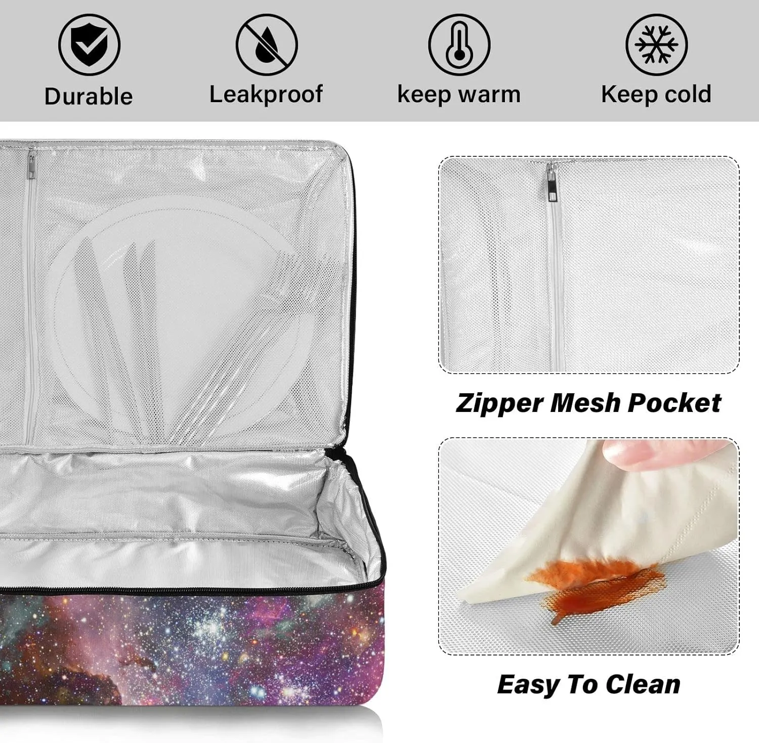 Space Galaxy Universe with Glare Stars in Purple Pink Dark Blue Reusable Insulated Pizza Bag, Waterproof Food Delivery Bag, with Handle Lid Leakproof Pizza Holder Tote for Hot or Cold Food