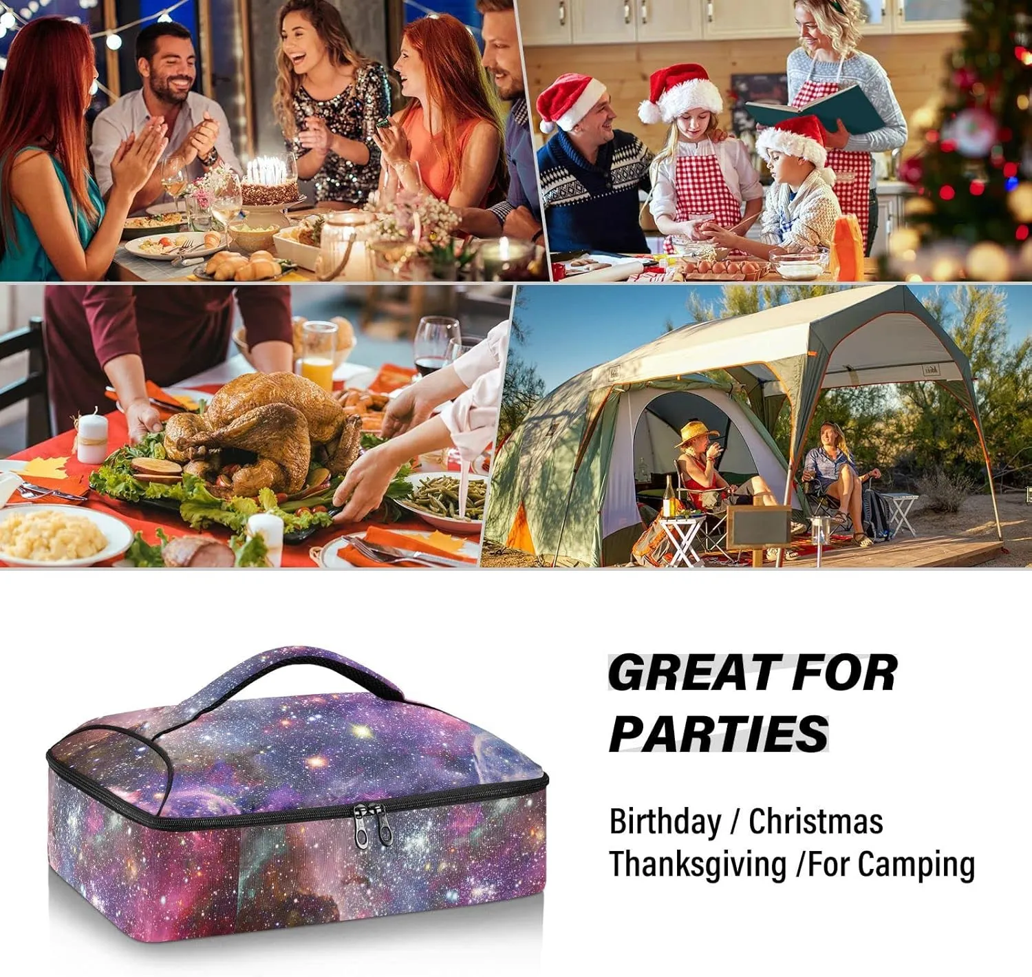 Space Galaxy Universe with Glare Stars in Purple Pink Dark Blue Reusable Insulated Pizza Bag, Waterproof Food Delivery Bag, with Handle Lid Leakproof Pizza Holder Tote for Hot or Cold Food