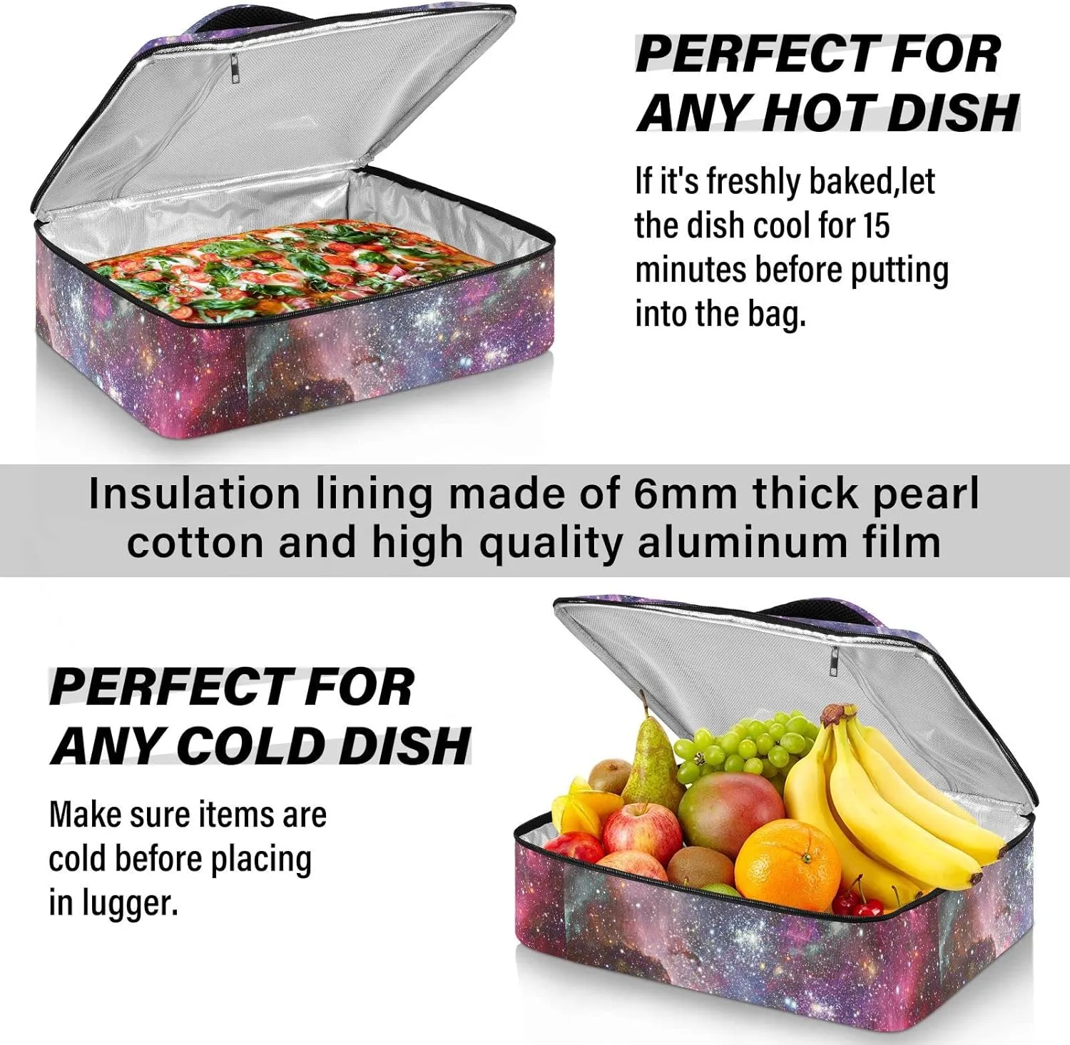 Space Galaxy Universe with Glare Stars in Purple Pink Dark Blue Reusable Insulated Pizza Bag, Waterproof Food Delivery Bag, with Handle Lid Leakproof Pizza Holder Tote for Hot or Cold Food
