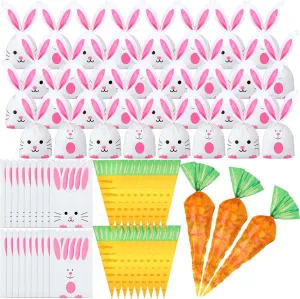 Spakon 200 Pcs Easter Treat Bags Cute Plastic Carrot Shape Cone Easter Bags with Twist Ties DIY Long Ear Snack Gift Bunny Bag for Easter Holiday Cookie Candy Storage Packaging Supplies Party Favor