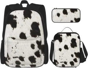 Spotty cowhide black and white fur Multifunctional Pocket Backpack Crossbody Lunch Bag Pencil Case 3Pcs Set Large Capacity Backpack