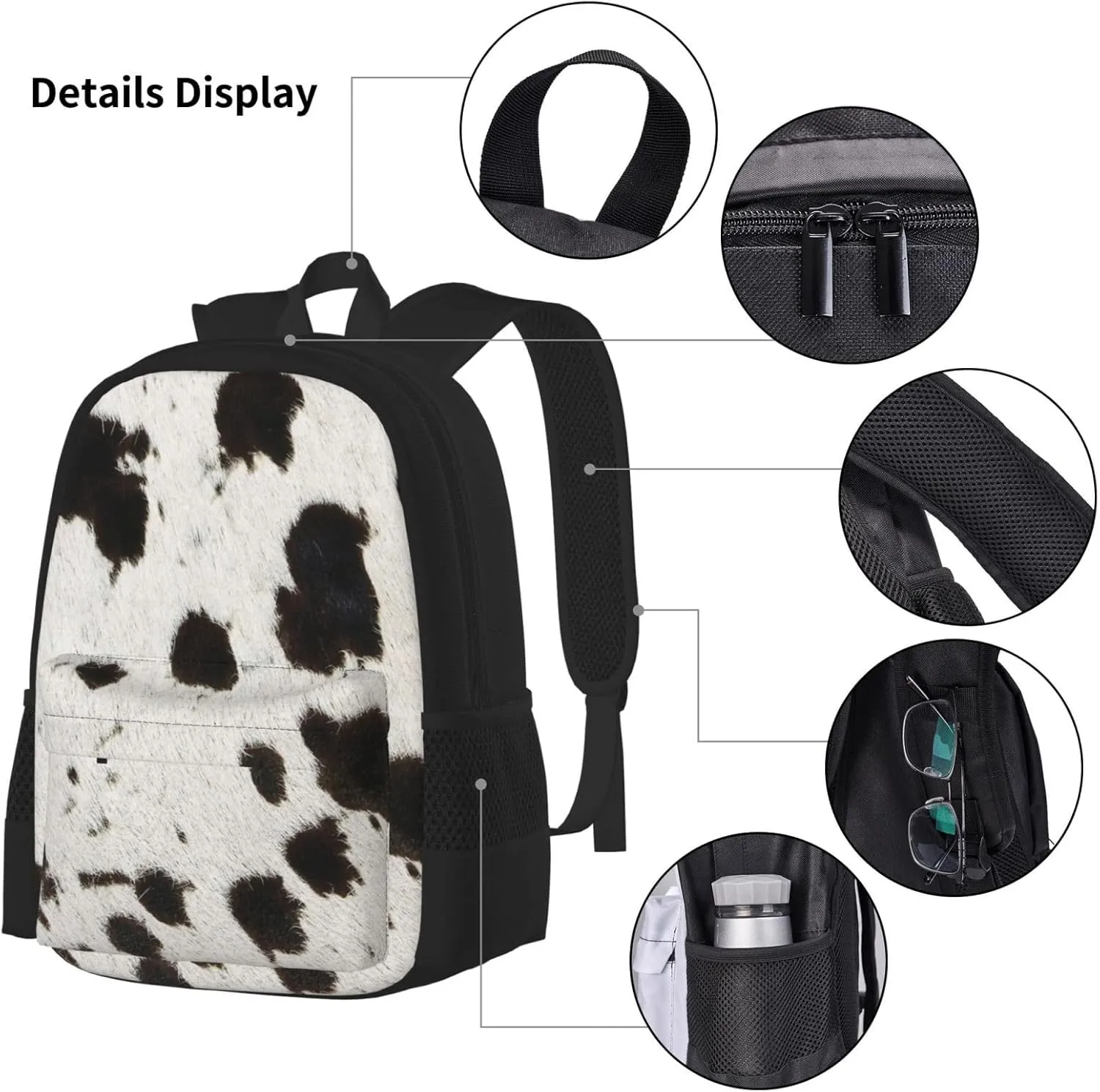 Spotty cowhide black and white fur Multifunctional Pocket Backpack Crossbody Lunch Bag Pencil Case 3Pcs Set Large Capacity Backpack